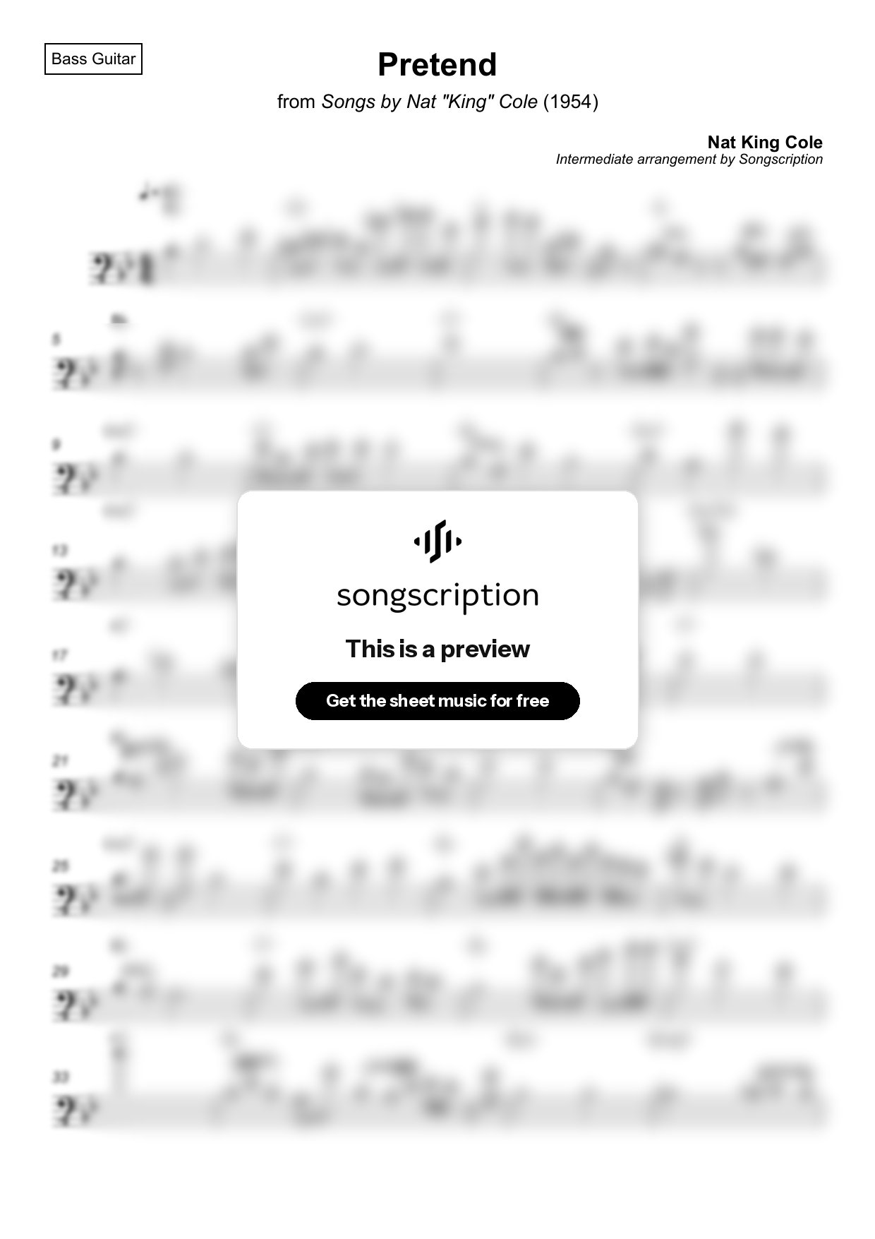 Intermediate Bass Guitar Sheet Music for "Pretend" by Nat King Cole