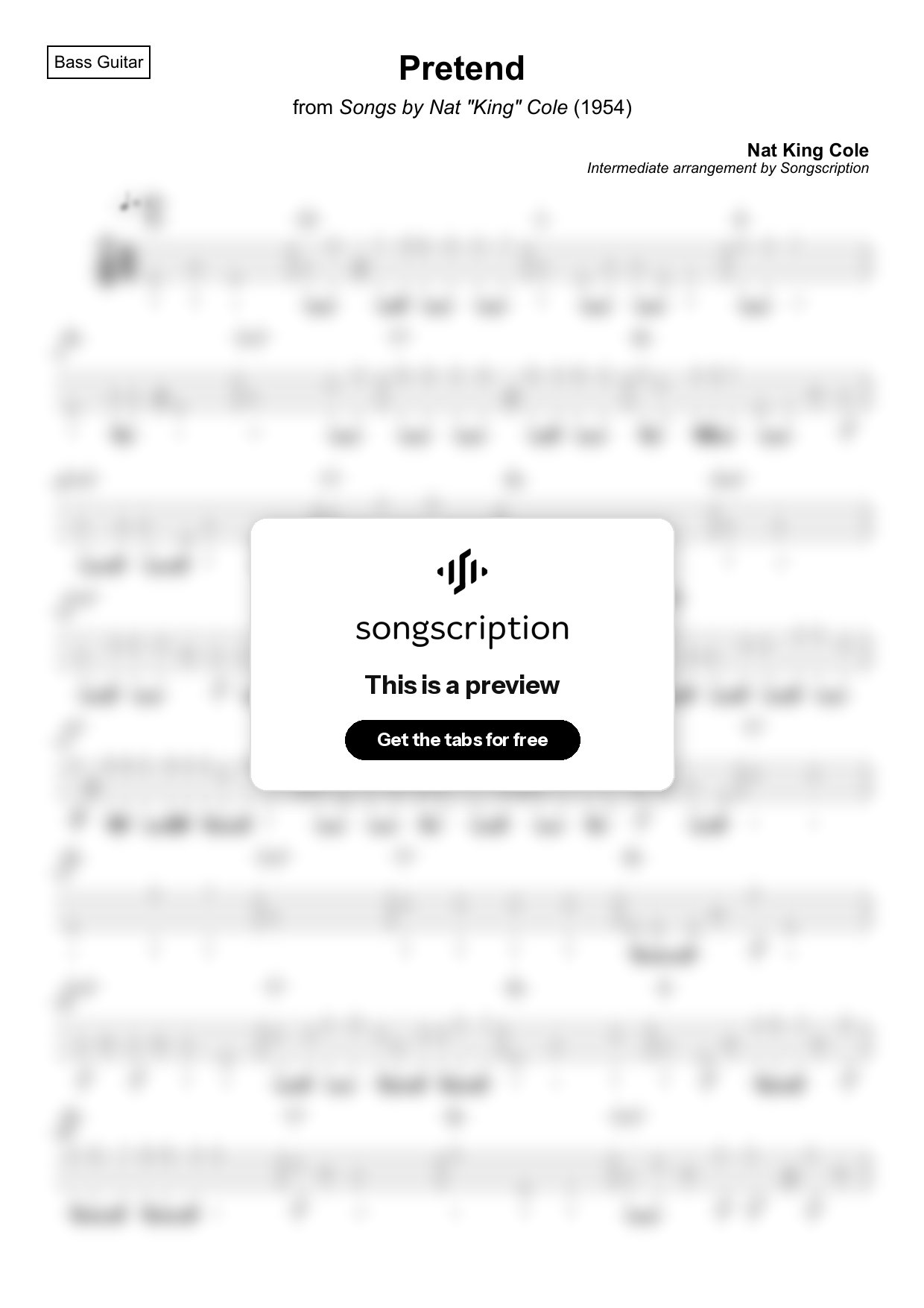 Intermediate Bass Guitar Tabs for "Pretend" by Nat King Cole