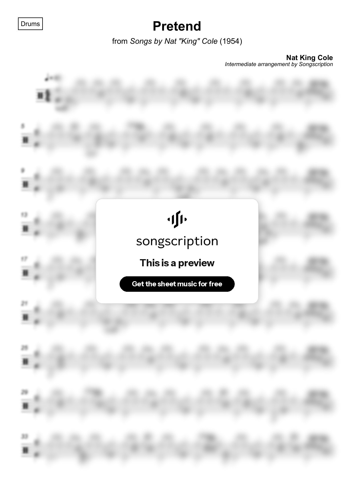Intermediate Drums Sheet Music for "Pretend" by Nat King Cole