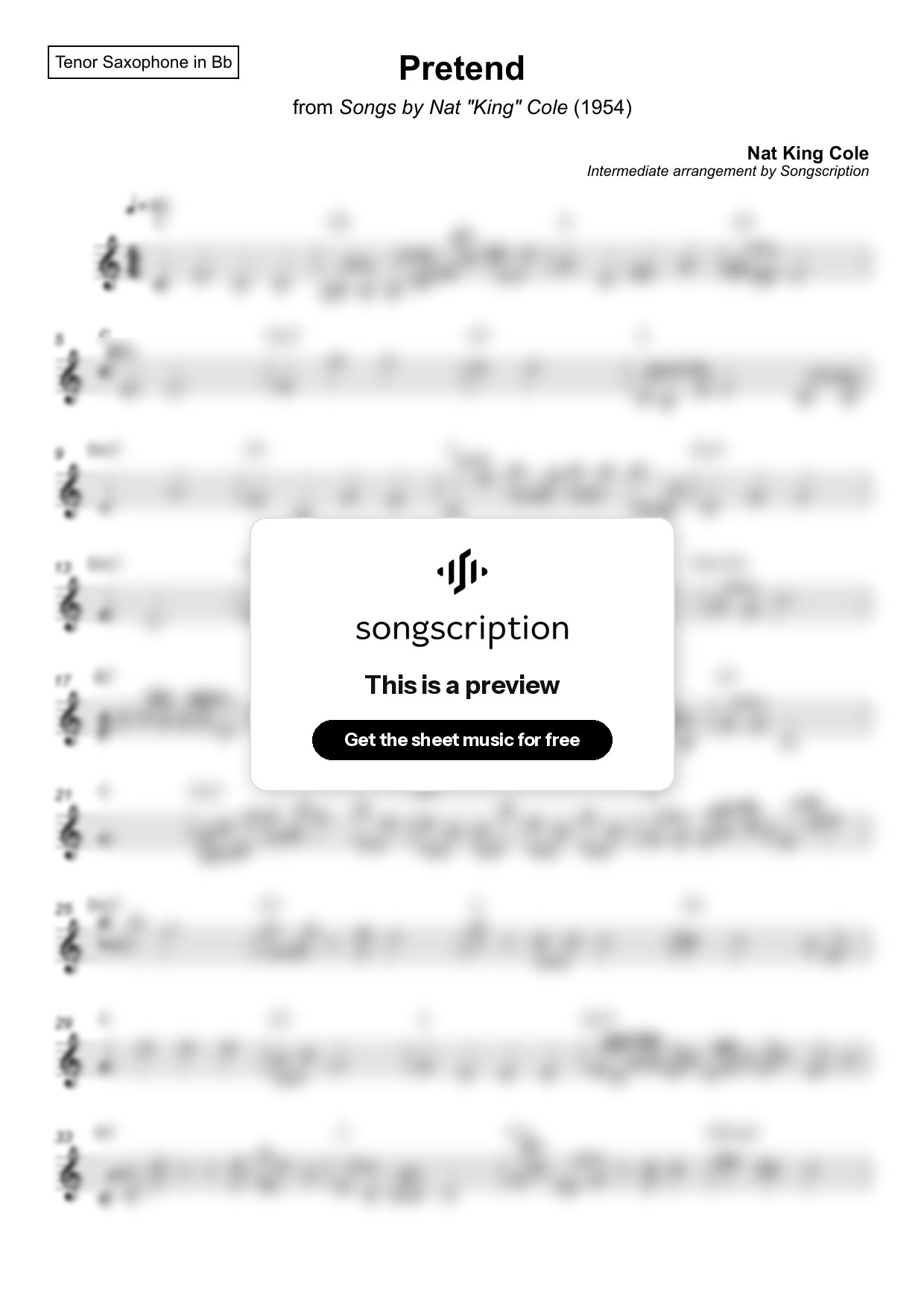 Intermediate Tenor Sax Sheet Music for "Pretend" by Nat King Cole