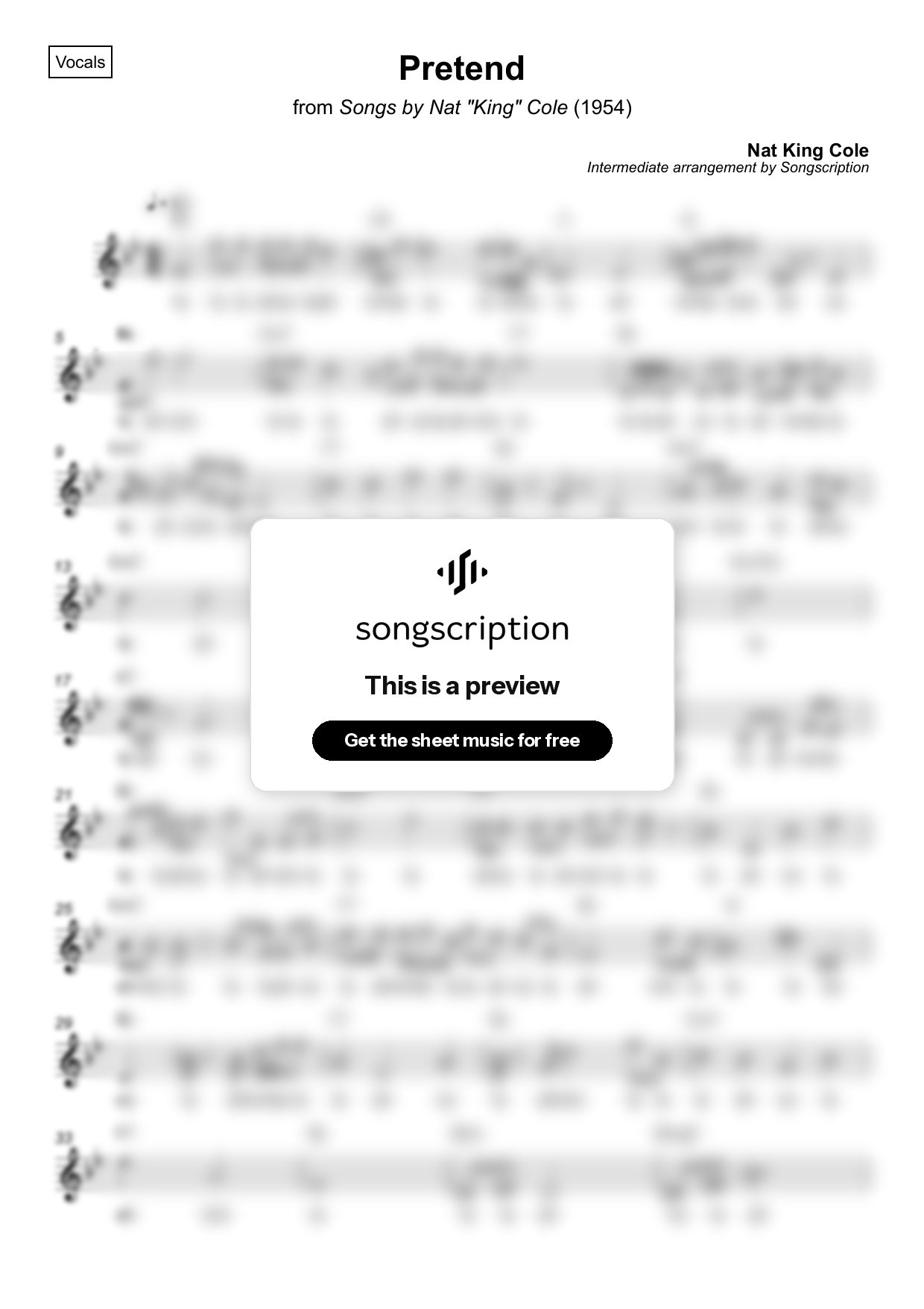 Intermediate Vocals Sheet Music for "Pretend" by Nat King Cole