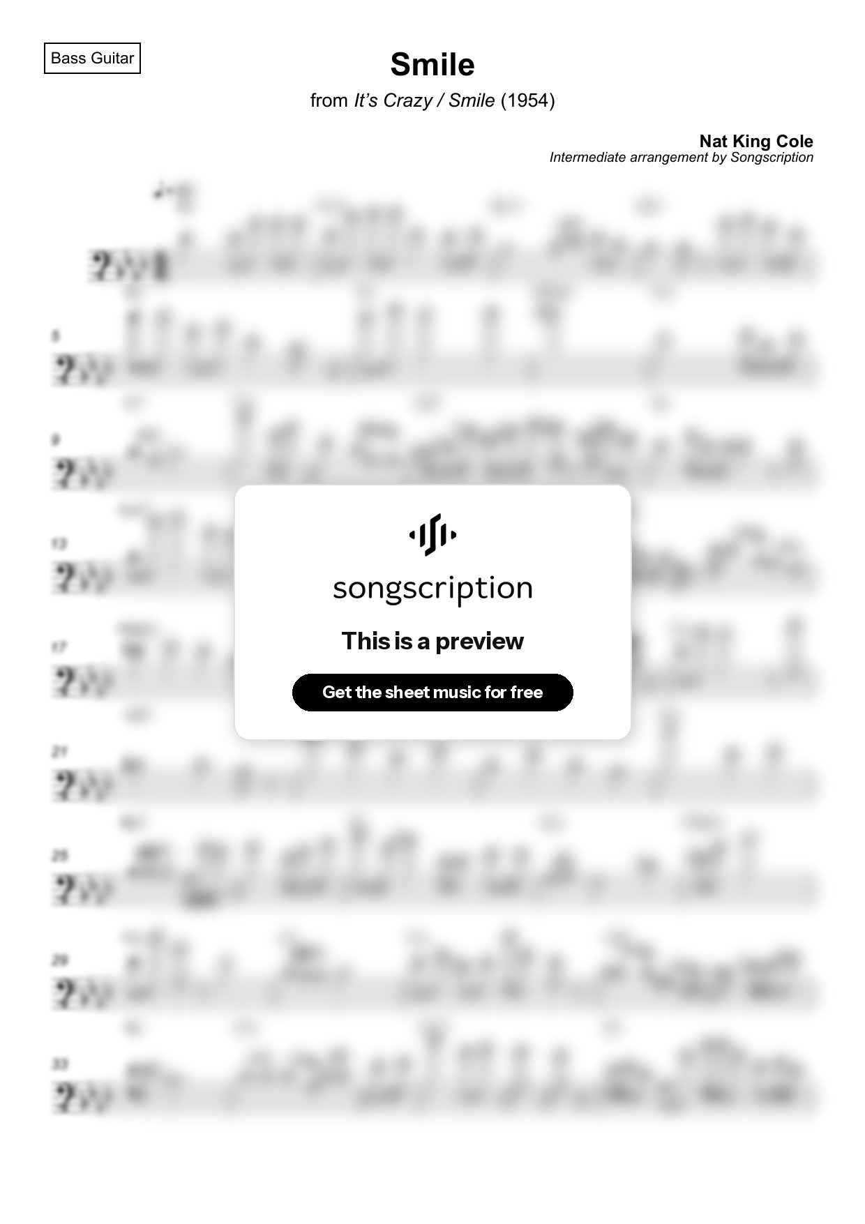 Intermediate Bass Guitar Sheet Music for "Smile" by Nat King Cole