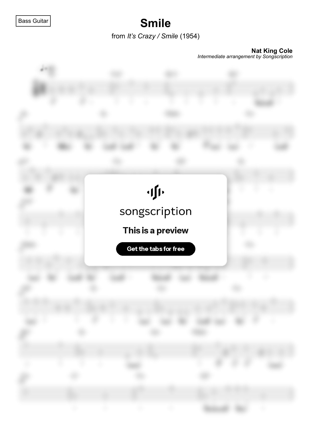 Intermediate Bass Guitar Tabs for "Smile" by Nat King Cole