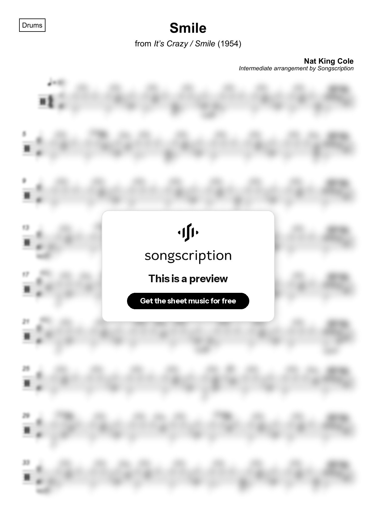Intermediate Drums Sheet Music for "Smile" by Nat King Cole