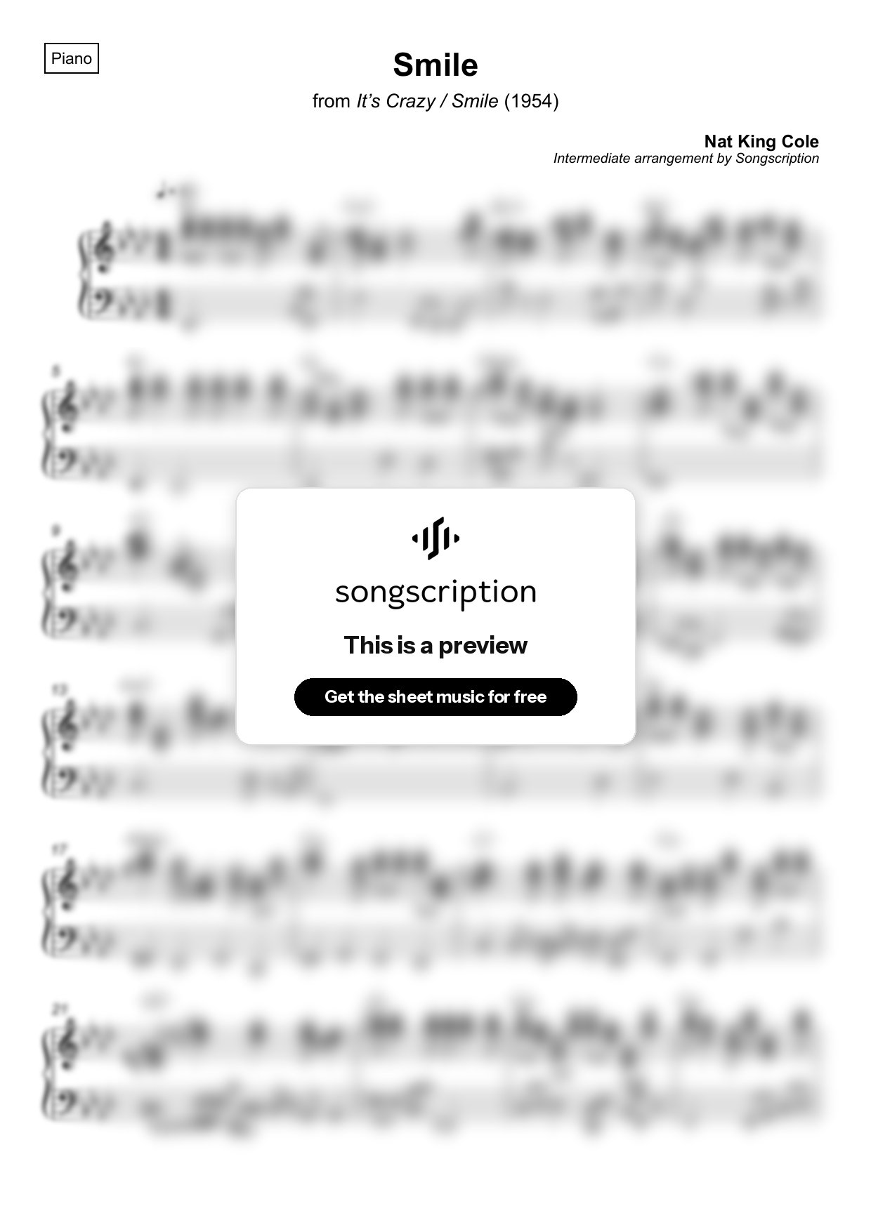 Intermediate Piano Sheet Music for "Smile" by Nat King Cole