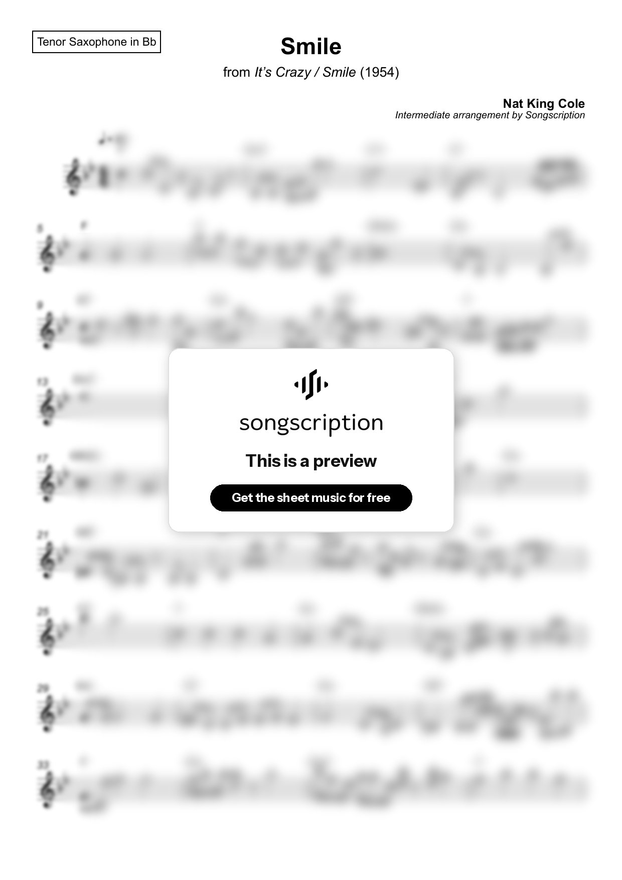 Intermediate Tenor Sax Sheet Music for "Smile" by Nat King Cole