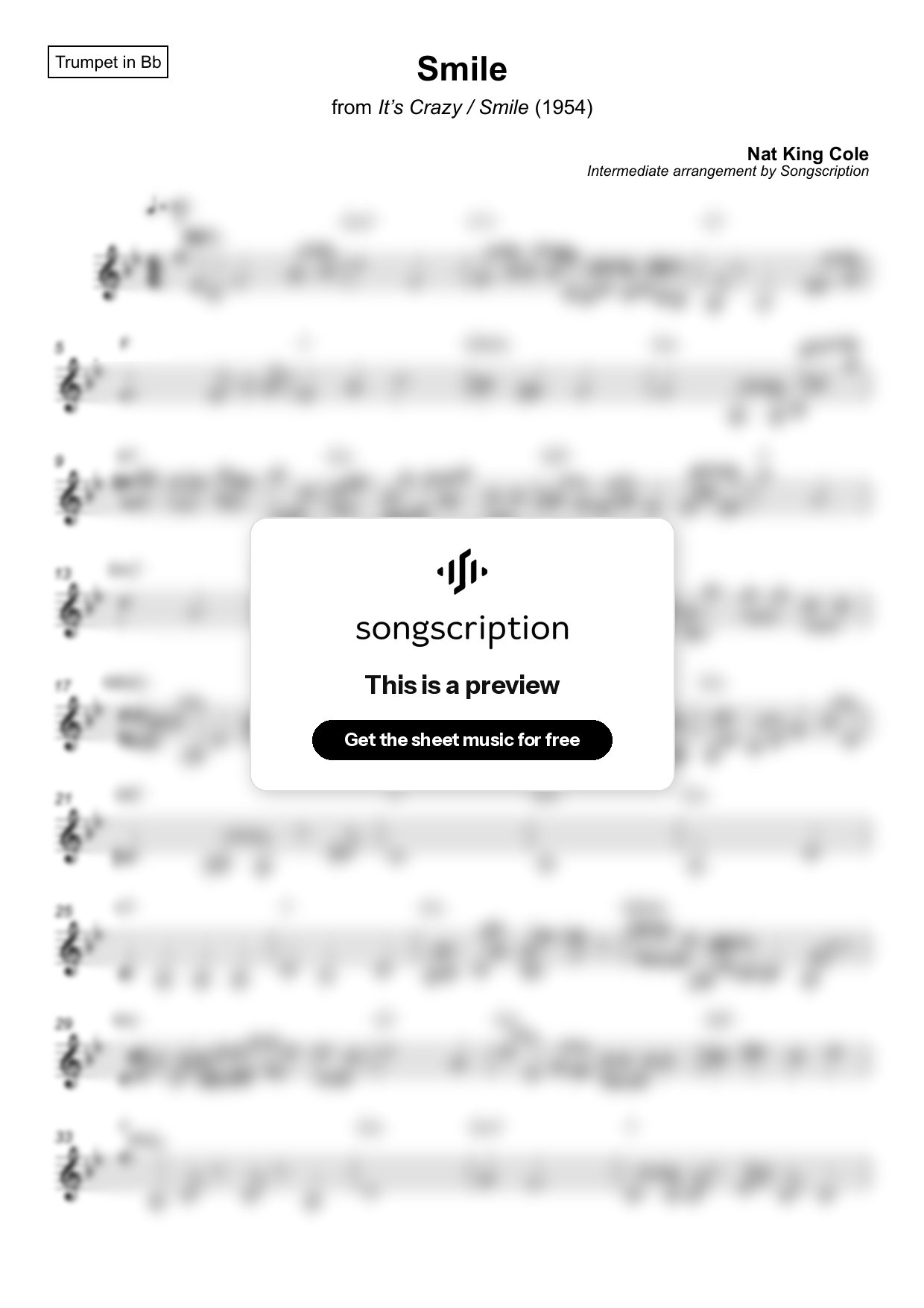 Intermediate Trumpet Sheet Music for "Smile" by Nat King Cole