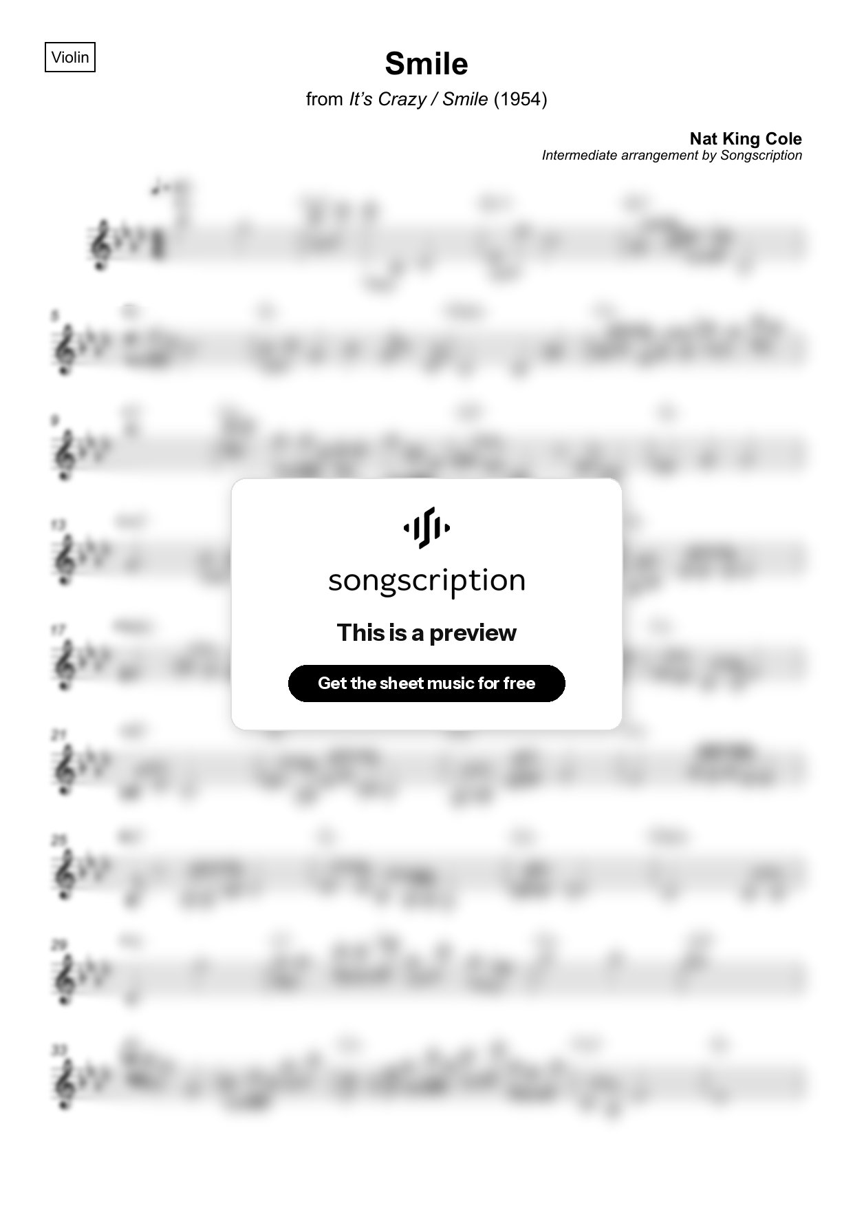 Intermediate Violin Sheet Music for "Smile" by Nat King Cole