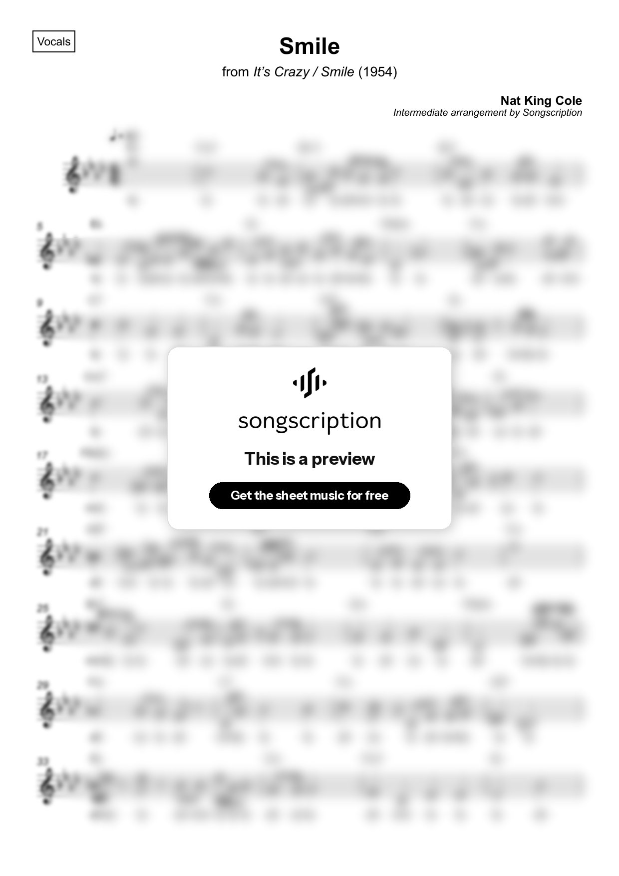 Intermediate Vocals Sheet Music for "Smile" by Nat King Cole