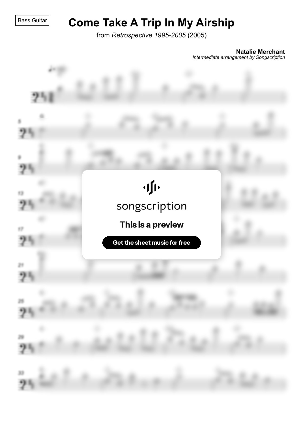 Intermediate Bass Guitar Sheet Music for "Come Take A Trip In My Airship" by Natalie Merchant