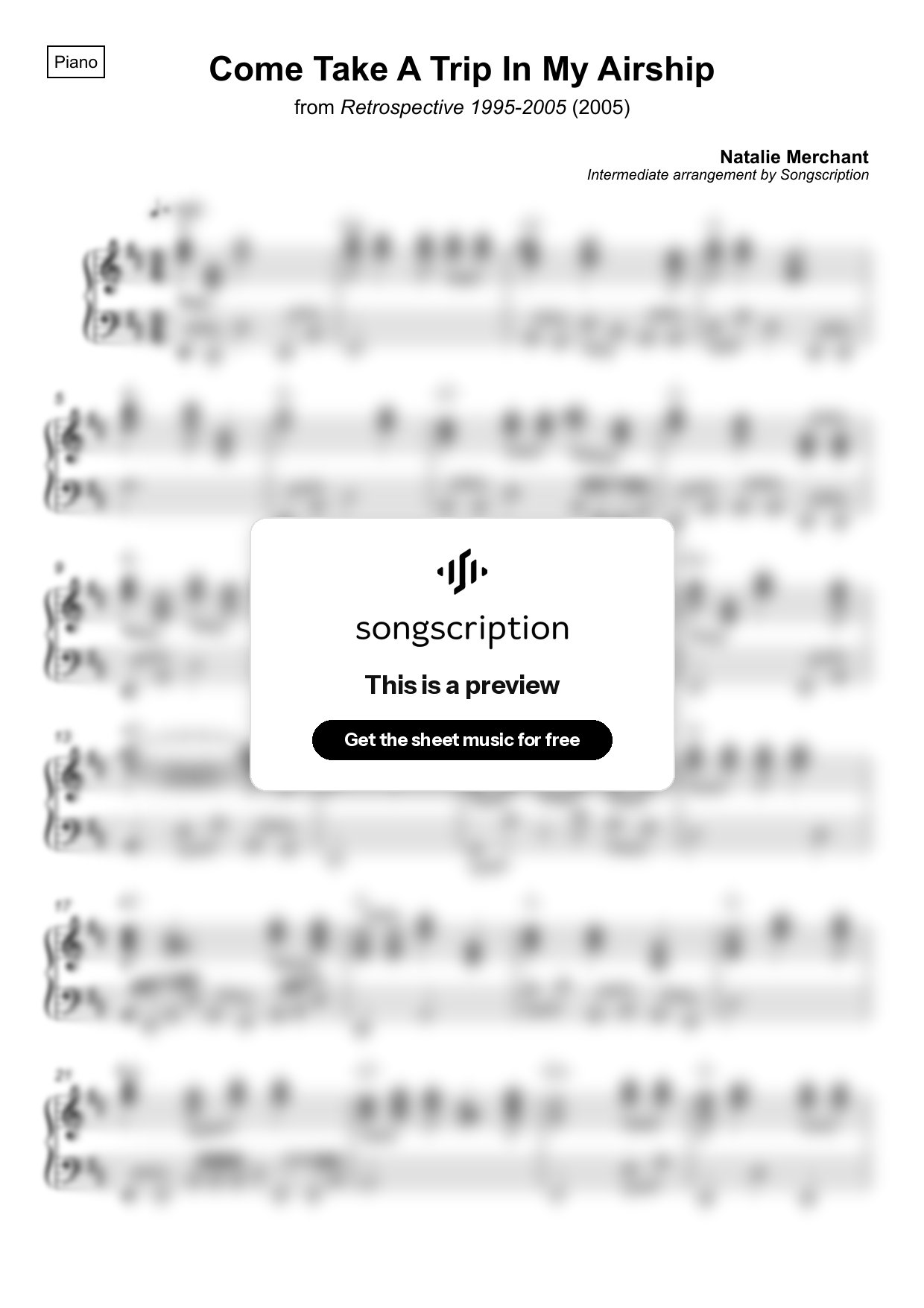 Intermediate Piano Sheet Music for "Come Take A Trip In My Airship" by Natalie Merchant