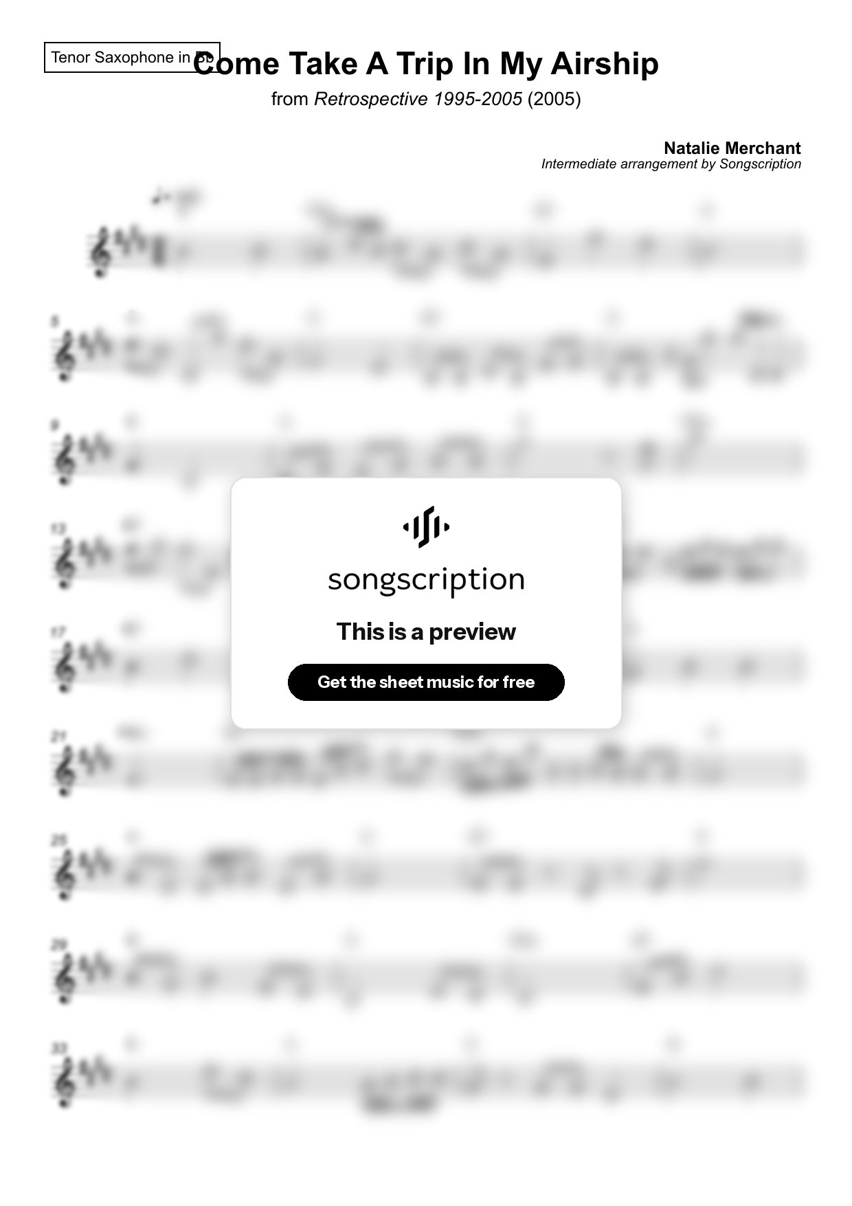 Intermediate Tenor Sax Sheet Music for "Come Take A Trip In My Airship" by Natalie Merchant