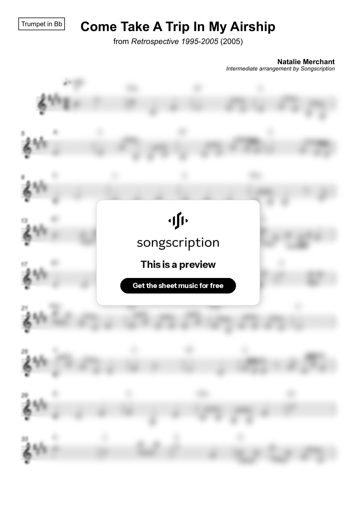 Intermediate Trumpet Sheet Music for "Come Take A Trip In My Airship" by Natalie Merchant