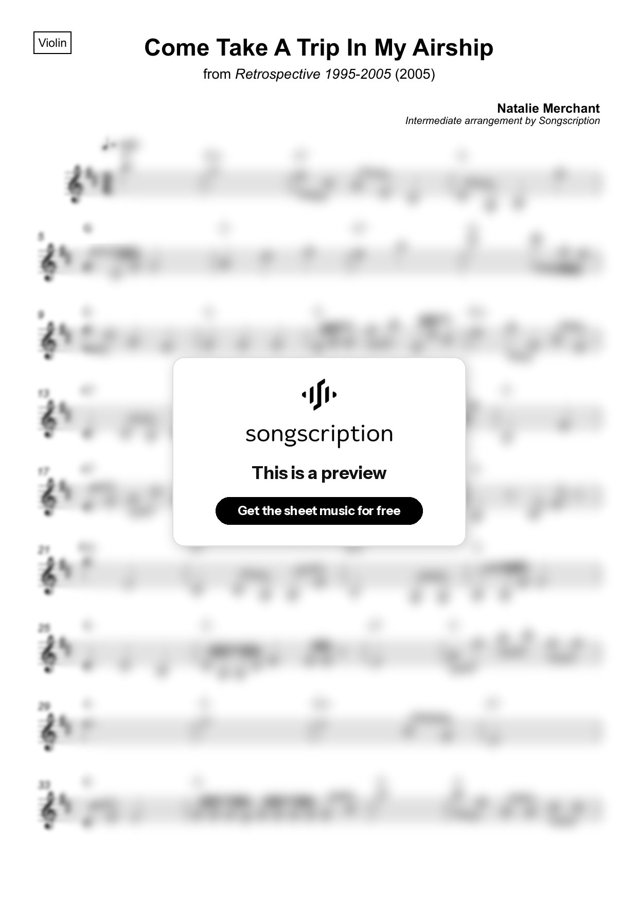 Intermediate Violin Sheet Music for "Come Take A Trip In My Airship" by Natalie Merchant