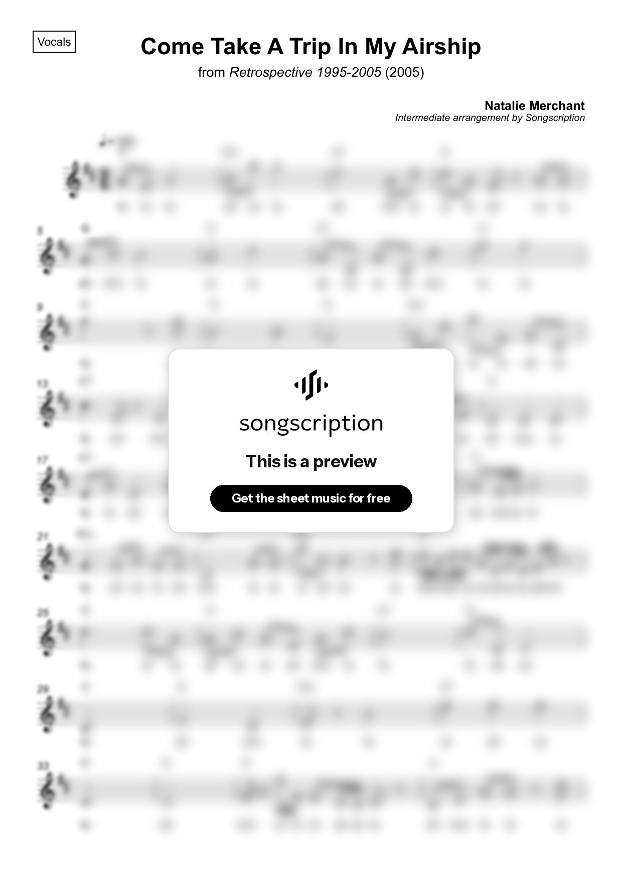 Intermediate Vocals Sheet Music for "Come Take A Trip In My Airship" by Natalie Merchant