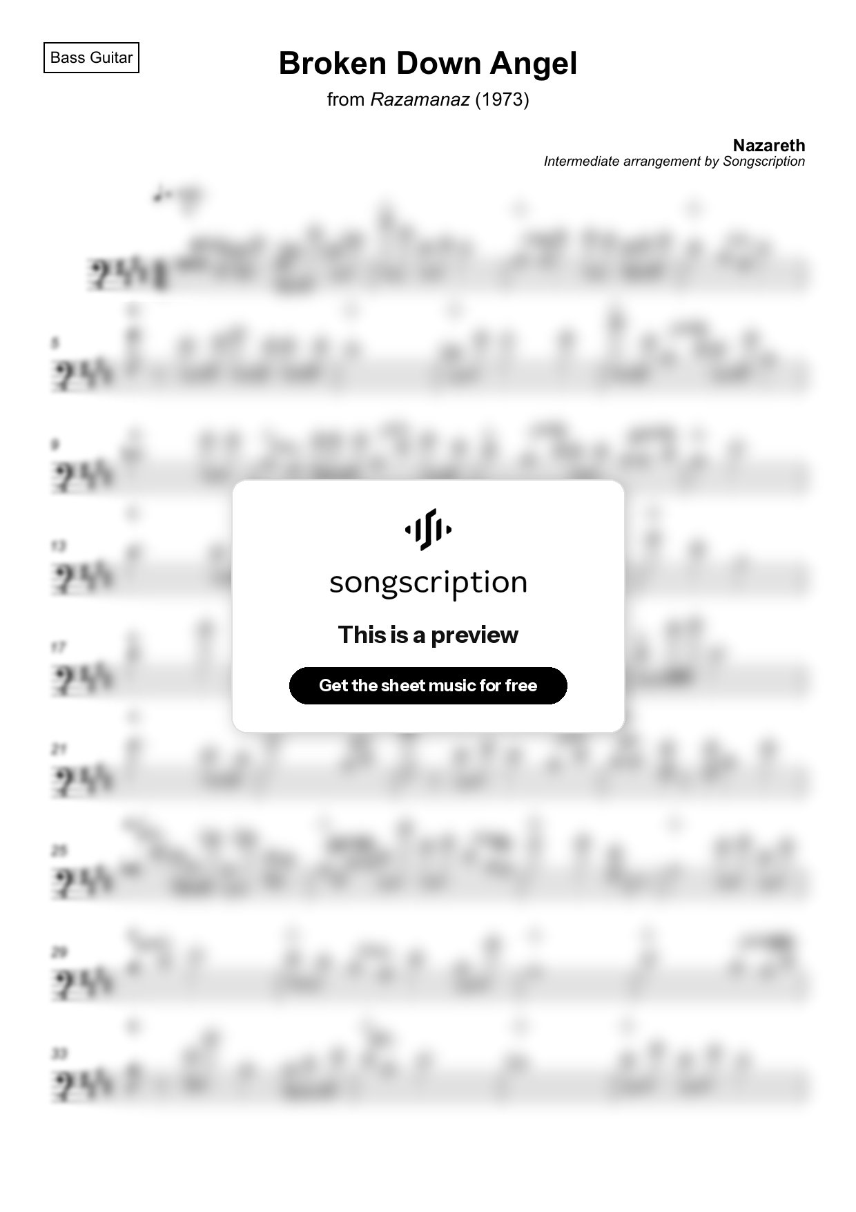 Intermediate Bass Guitar Sheet Music for "Broken Down Angel" by Nazareth