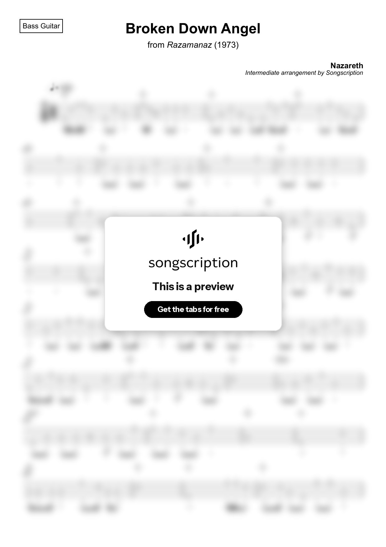 Intermediate Bass Guitar Tabs for "Broken Down Angel" by Nazareth