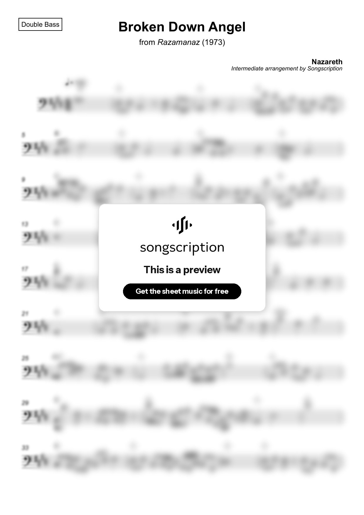 Intermediate Double Bass Sheet Music for "Broken Down Angel" by Nazareth
