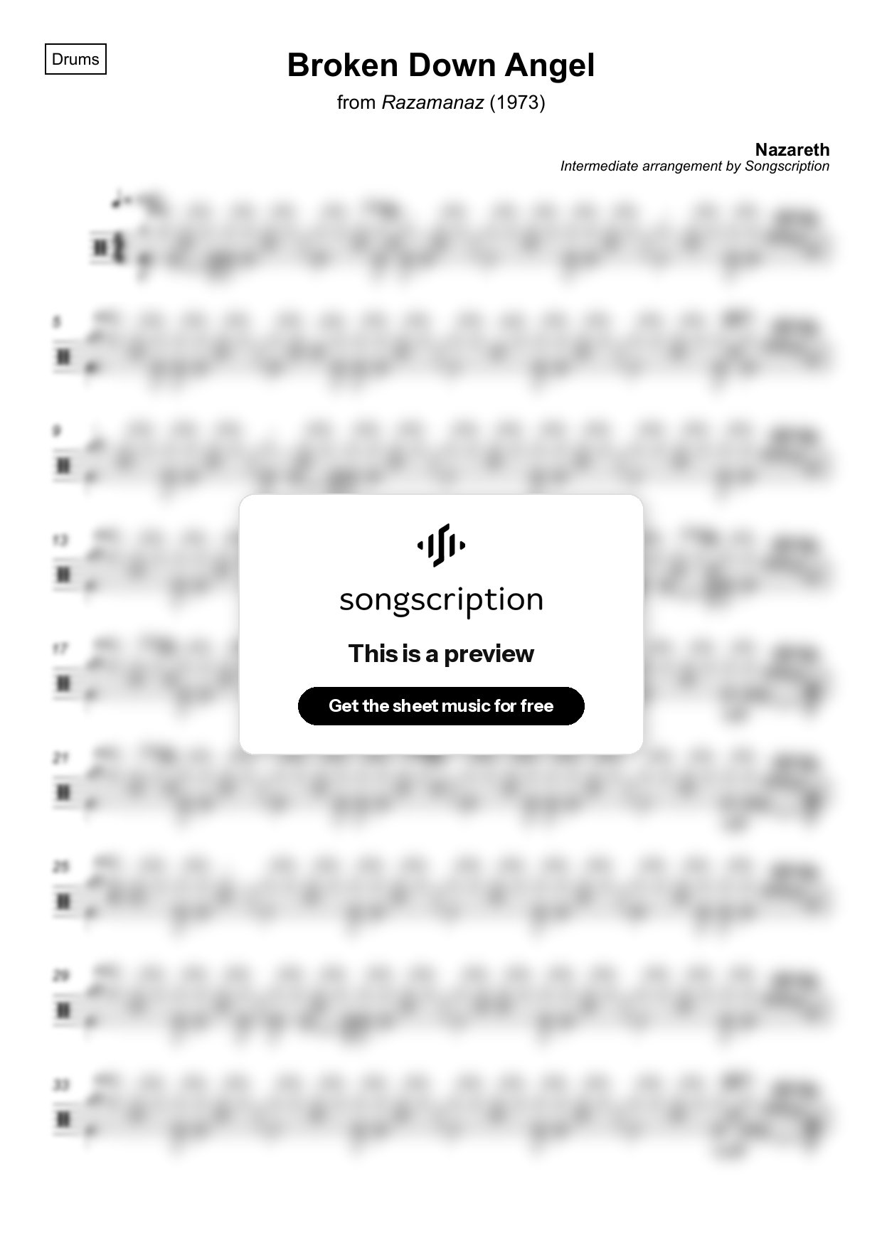 Intermediate Drums Sheet Music for "Broken Down Angel" by Nazareth
