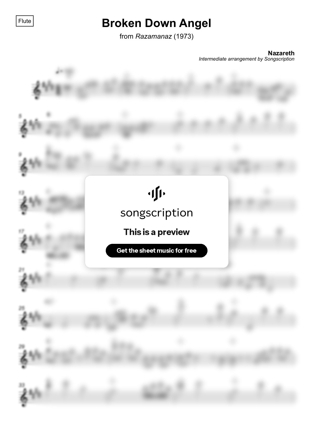 Intermediate Flute Sheet Music for "Broken Down Angel" by Nazareth