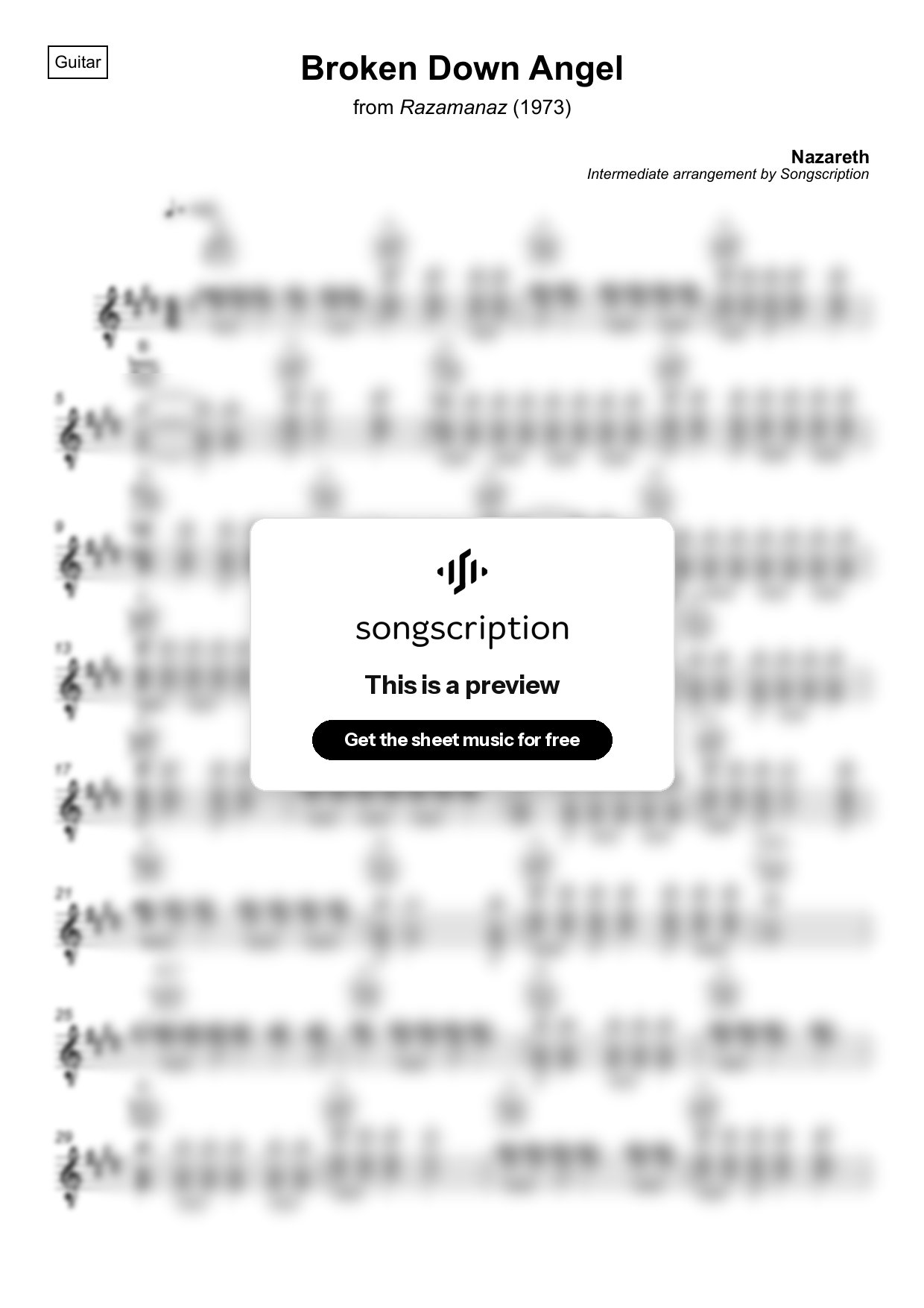 Intermediate Acoustic Guitar Sheet Music for "Broken Down Angel" by Nazareth