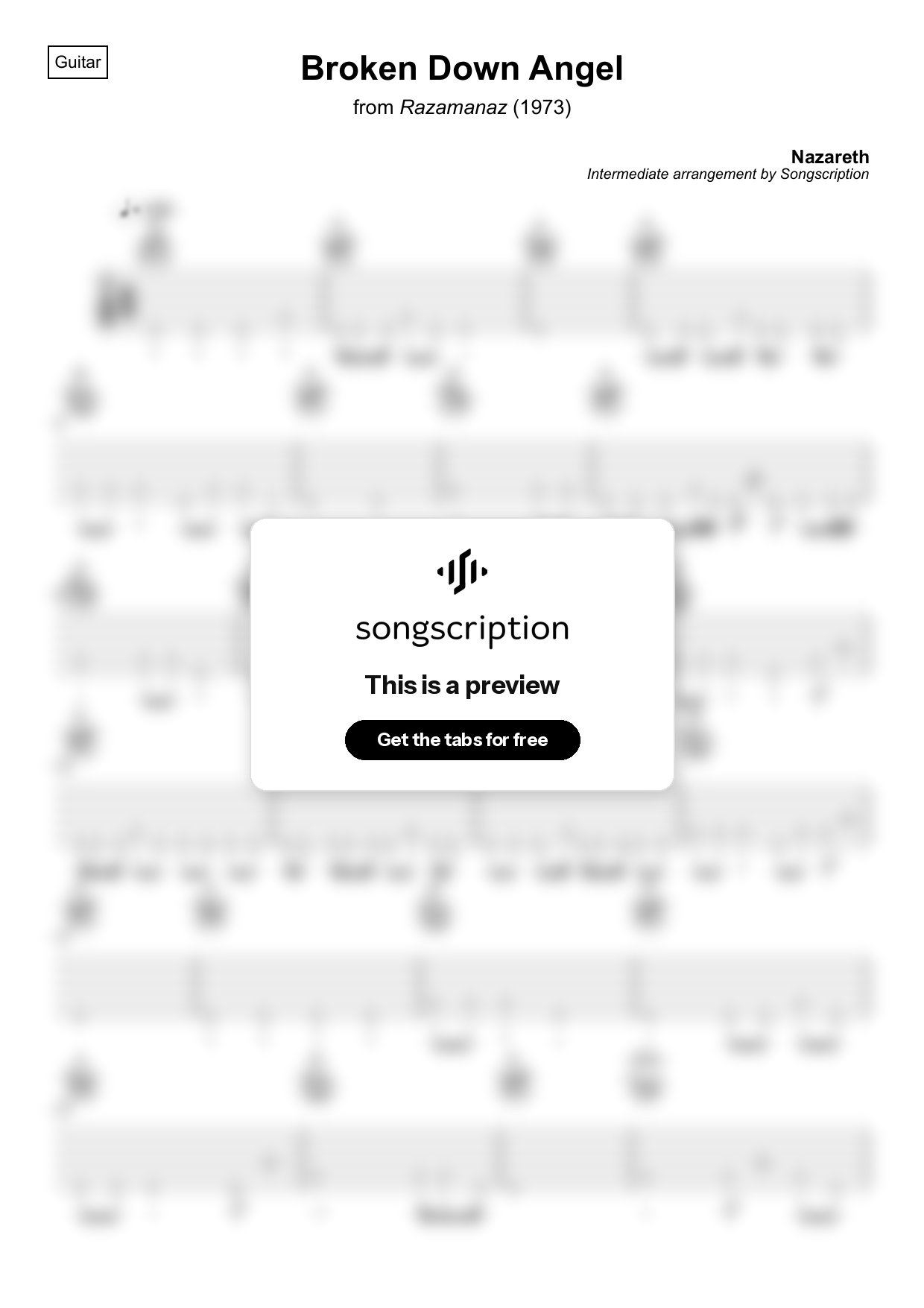 Intermediate Acoustic Guitar Tabs for "Broken Down Angel" by Nazareth