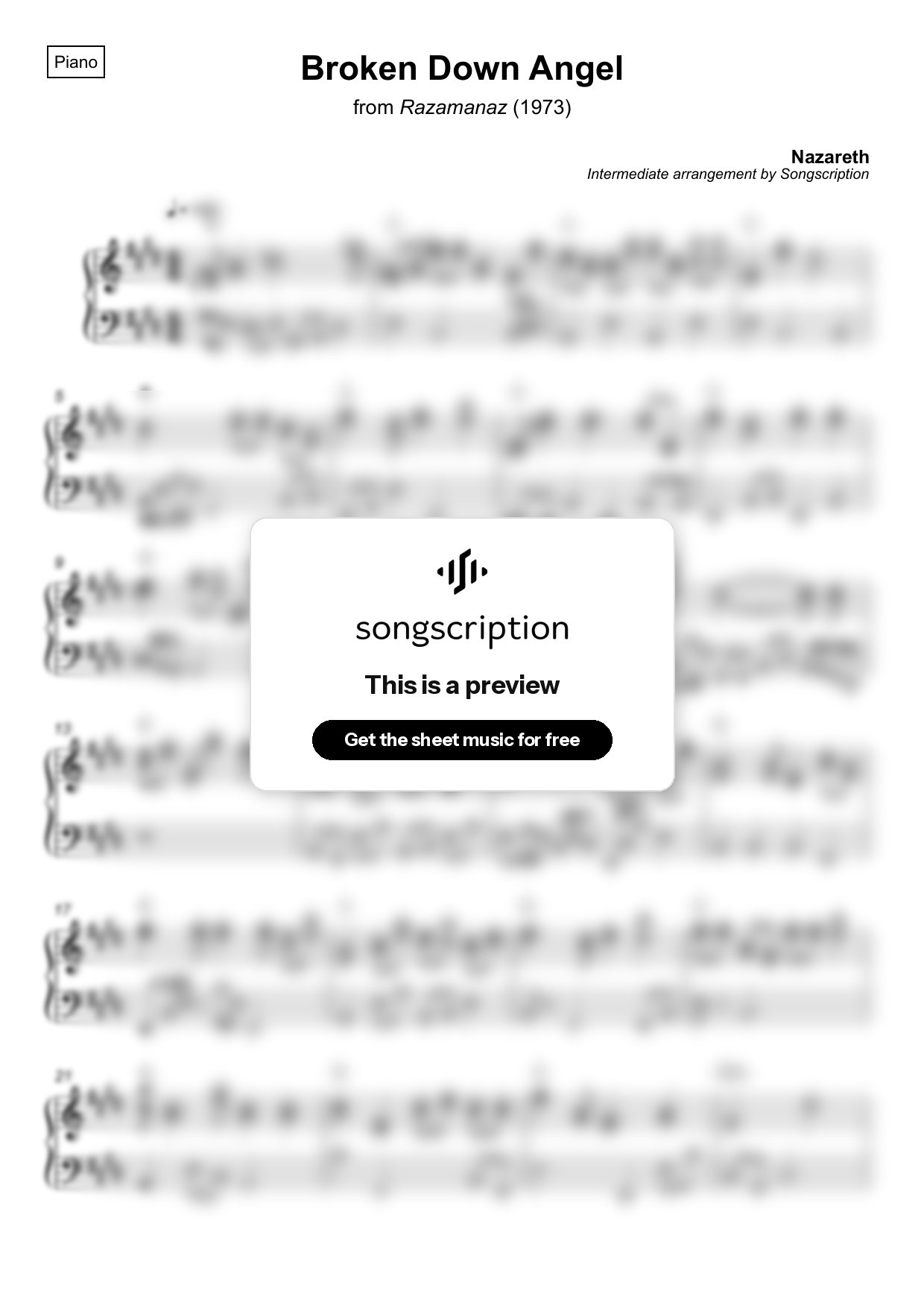 Intermediate Piano Sheet Music for "Broken Down Angel" by Nazareth