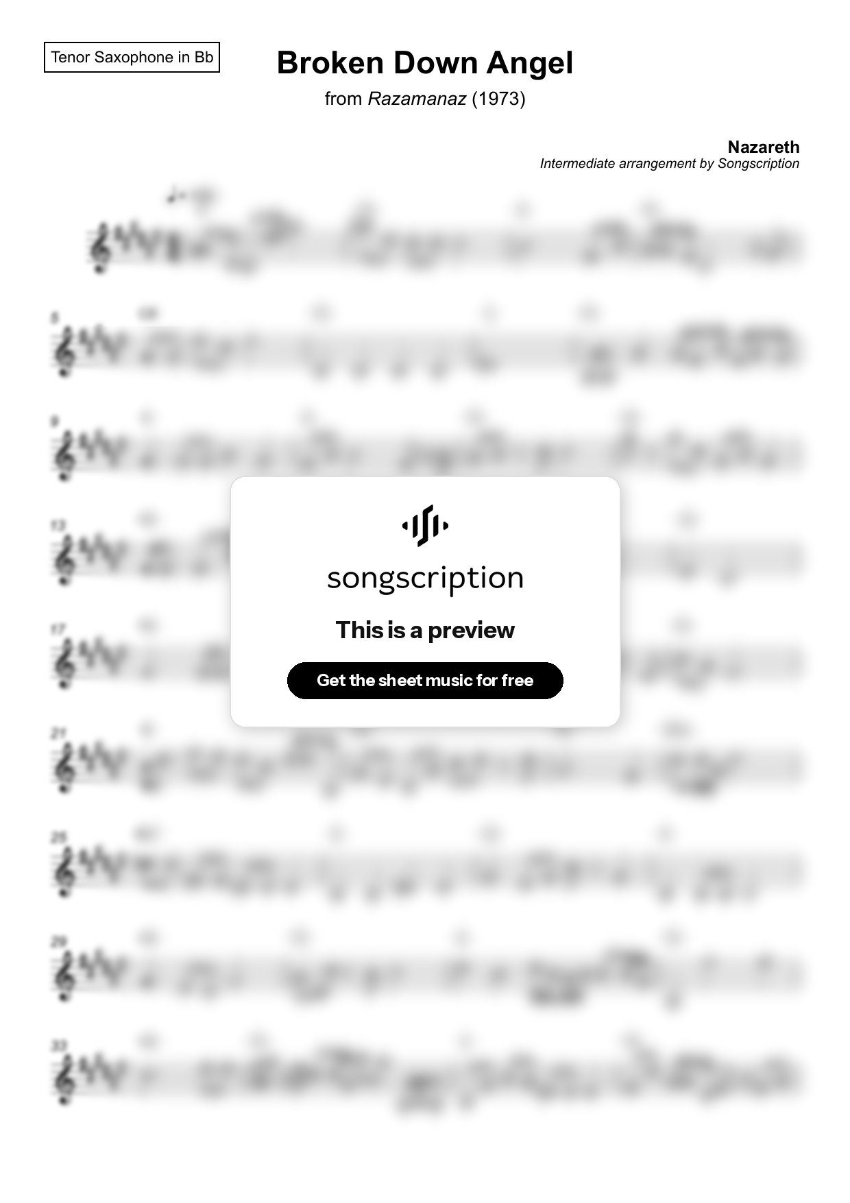 Intermediate Tenor Sax Sheet Music for "Broken Down Angel" by Nazareth