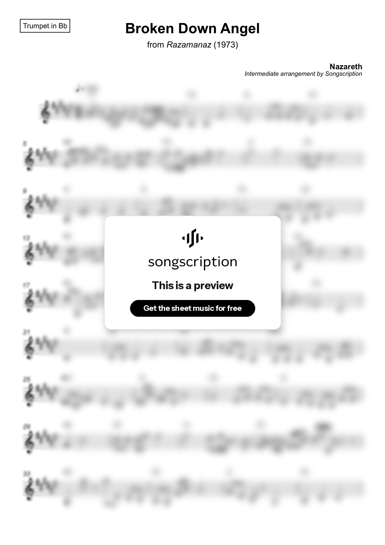 Intermediate Trumpet Sheet Music for "Broken Down Angel" by Nazareth