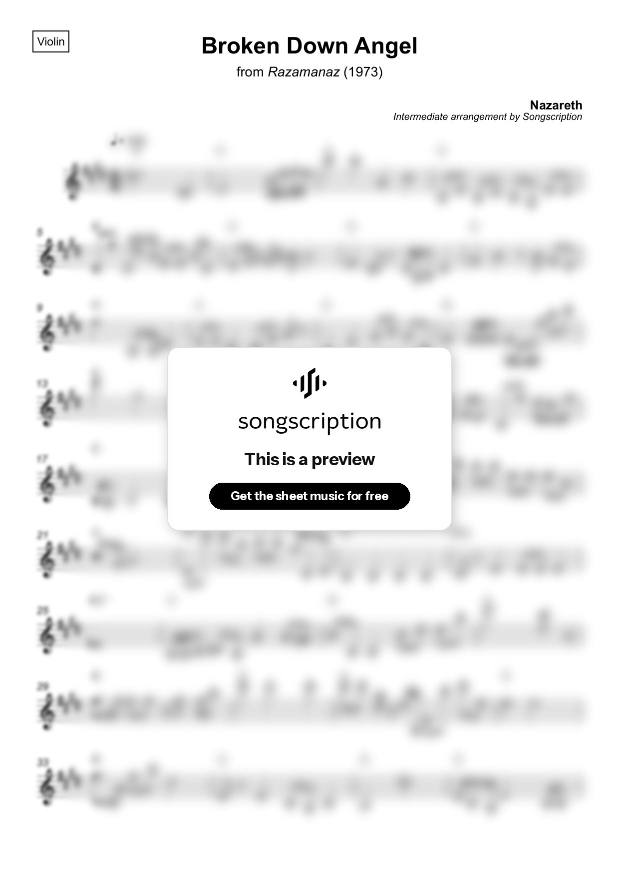 Intermediate Violin Sheet Music for "Broken Down Angel" by Nazareth