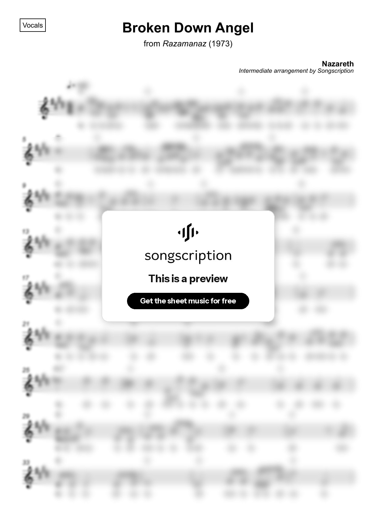 Intermediate Vocals Sheet Music for "Broken Down Angel" by Nazareth