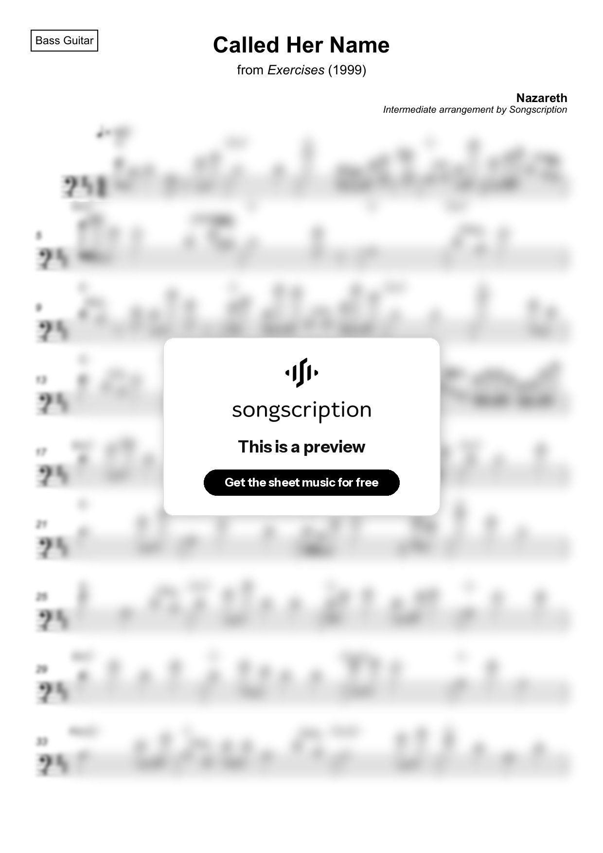 Intermediate Bass Guitar Sheet Music for "Called Her Name" by Nazareth