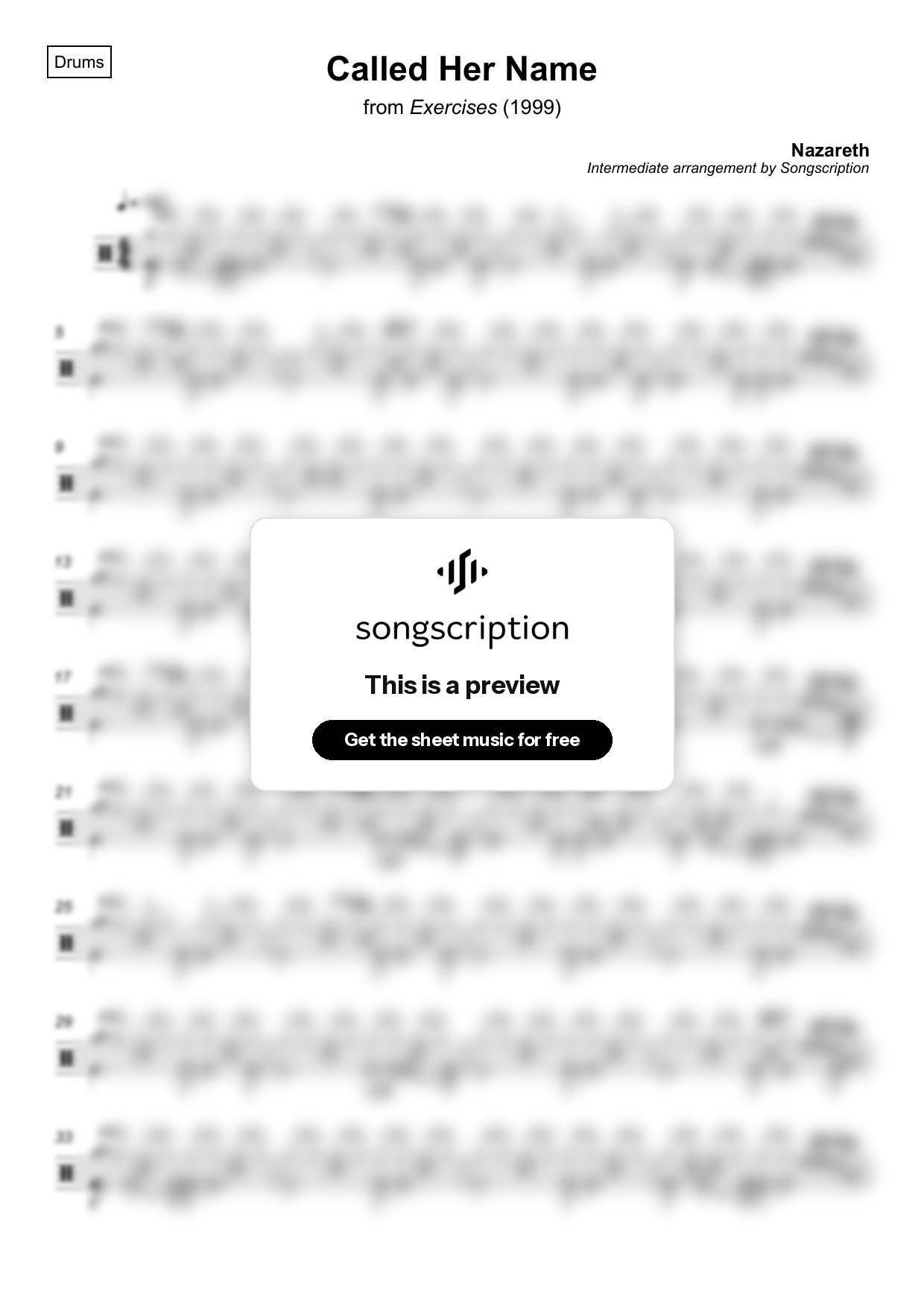 Intermediate Drums Sheet Music for "Called Her Name" by Nazareth