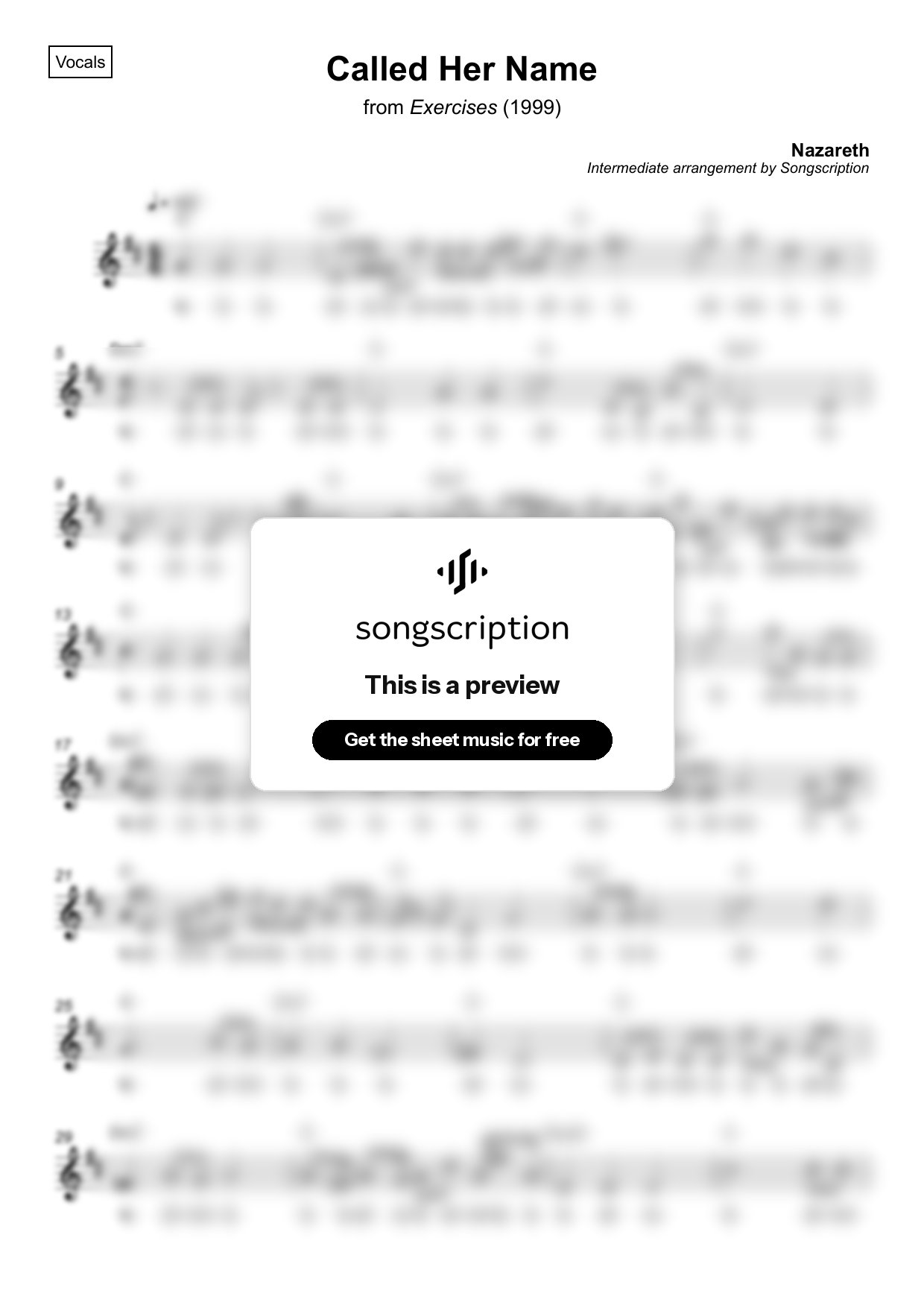 Intermediate Vocals Sheet Music for "Called Her Name" by Nazareth