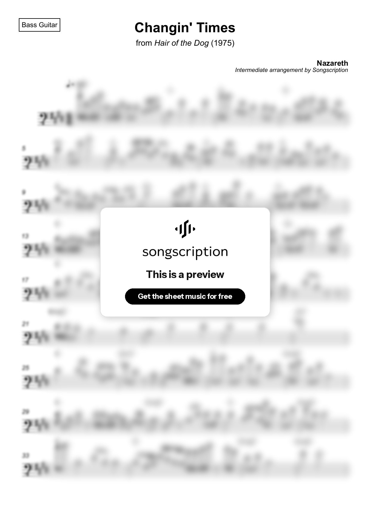 Intermediate Bass Guitar Sheet Music for "Changin' Times" by Nazareth