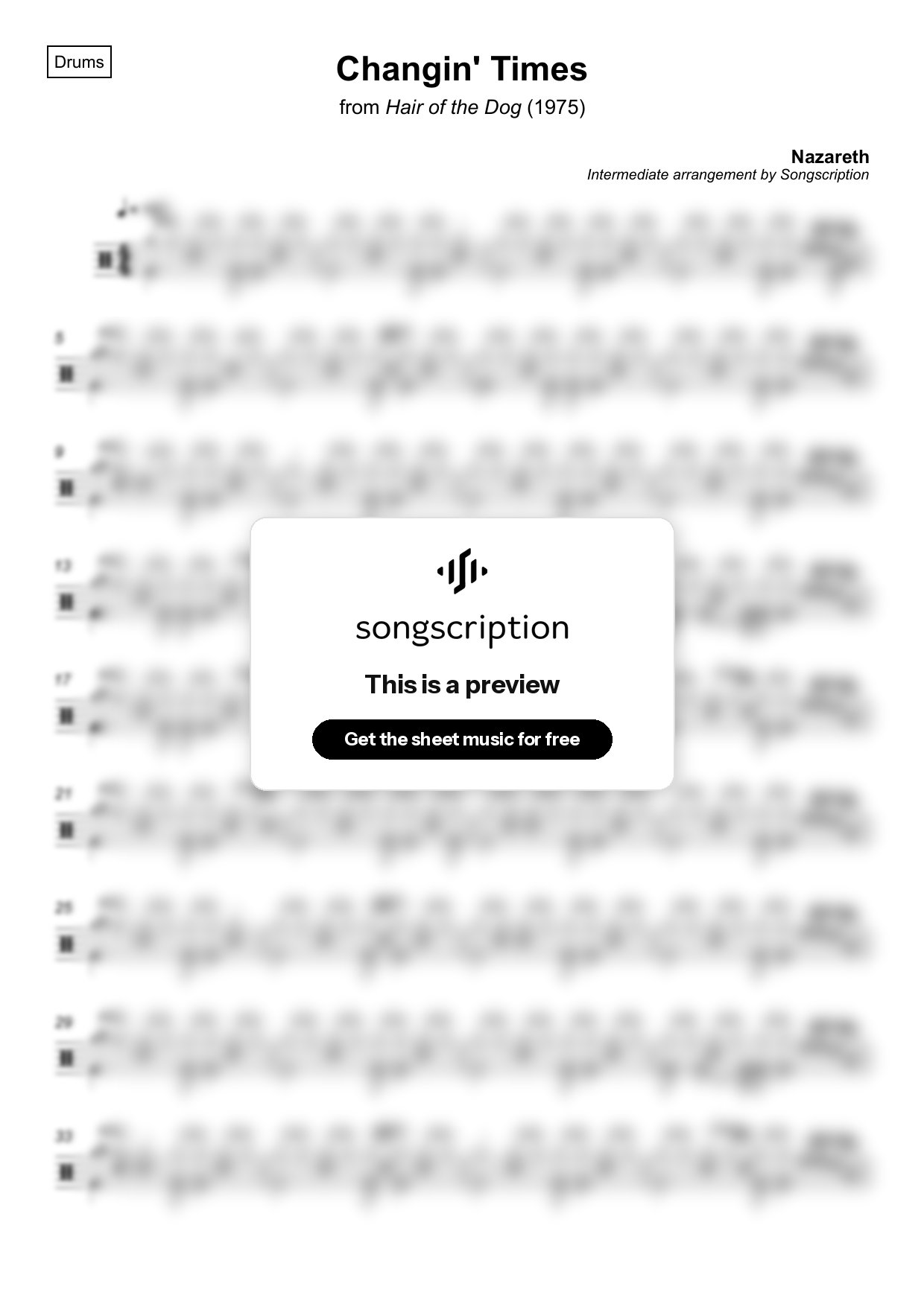 Intermediate Drums Sheet Music for "Changin' Times" by Nazareth