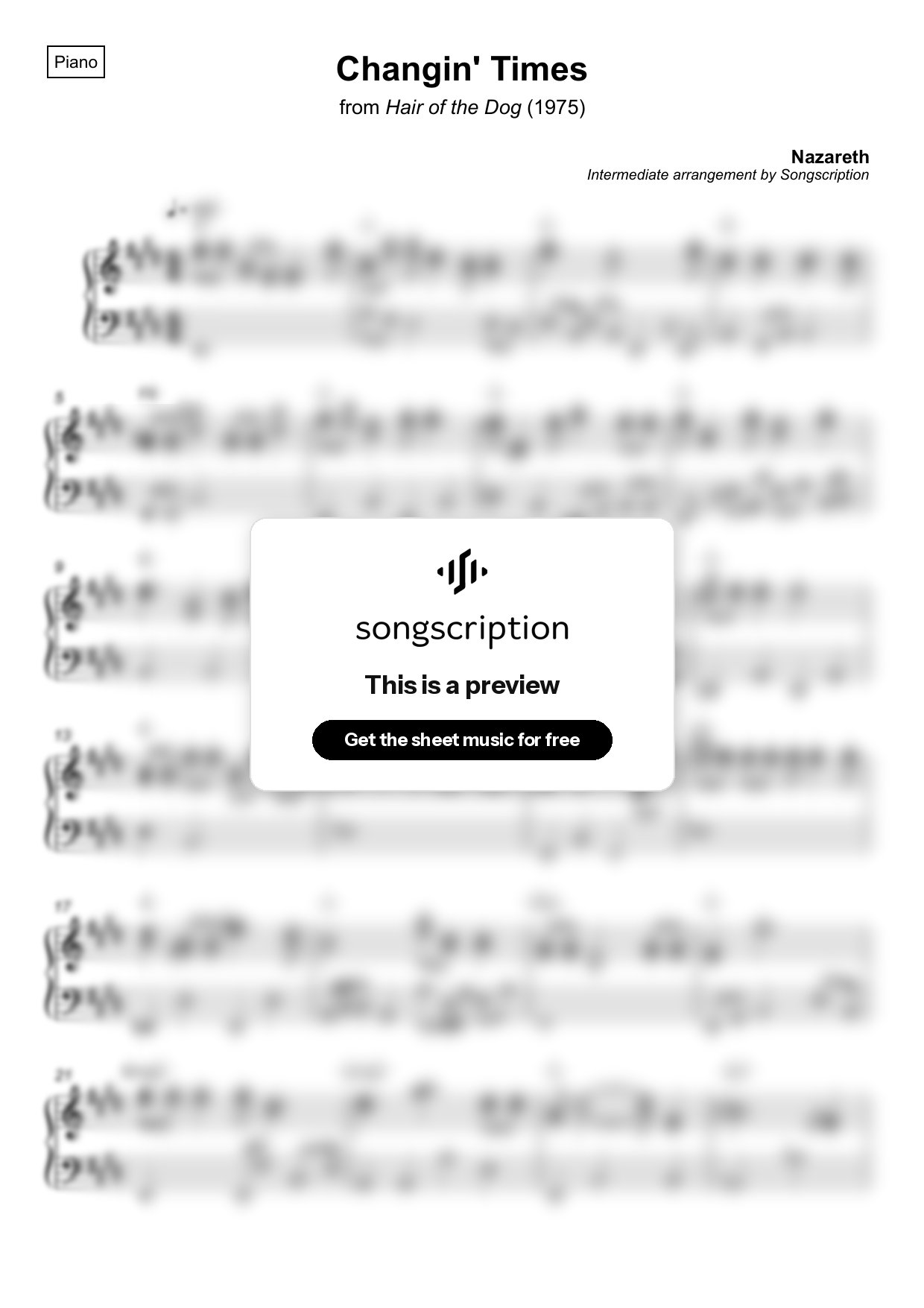 Intermediate Piano Sheet Music for "Changin' Times" by Nazareth