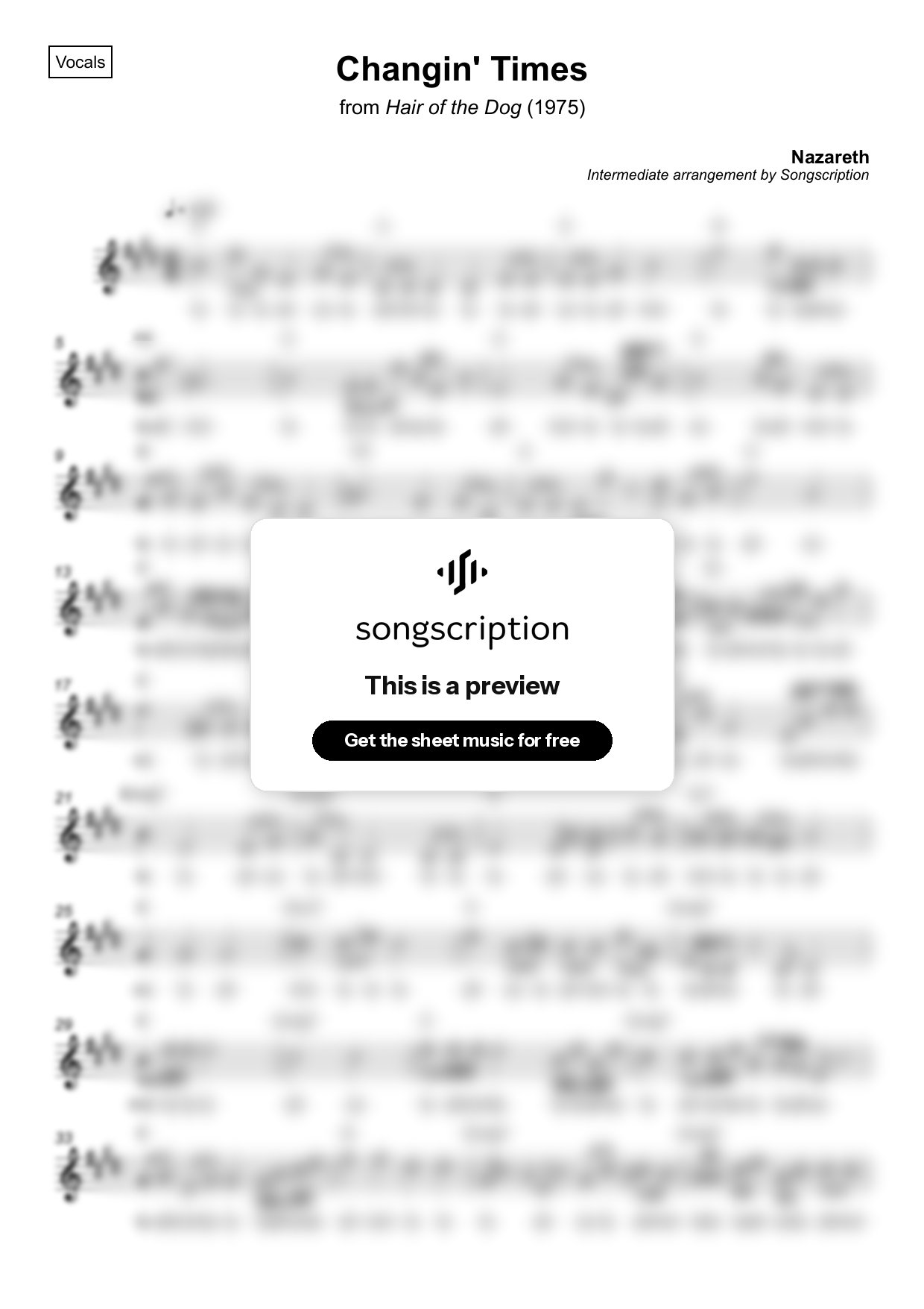 Intermediate Vocals Sheet Music for "Changin' Times" by Nazareth