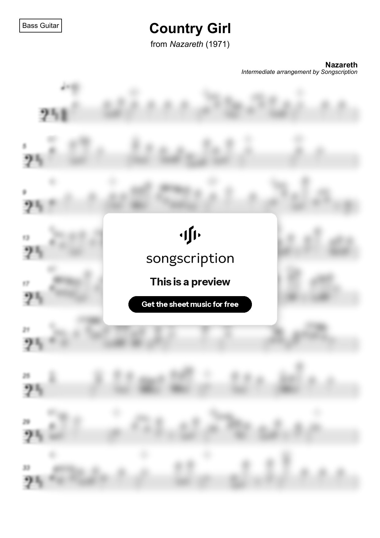 Intermediate Bass Guitar Sheet Music for "Country Girl" by Nazareth