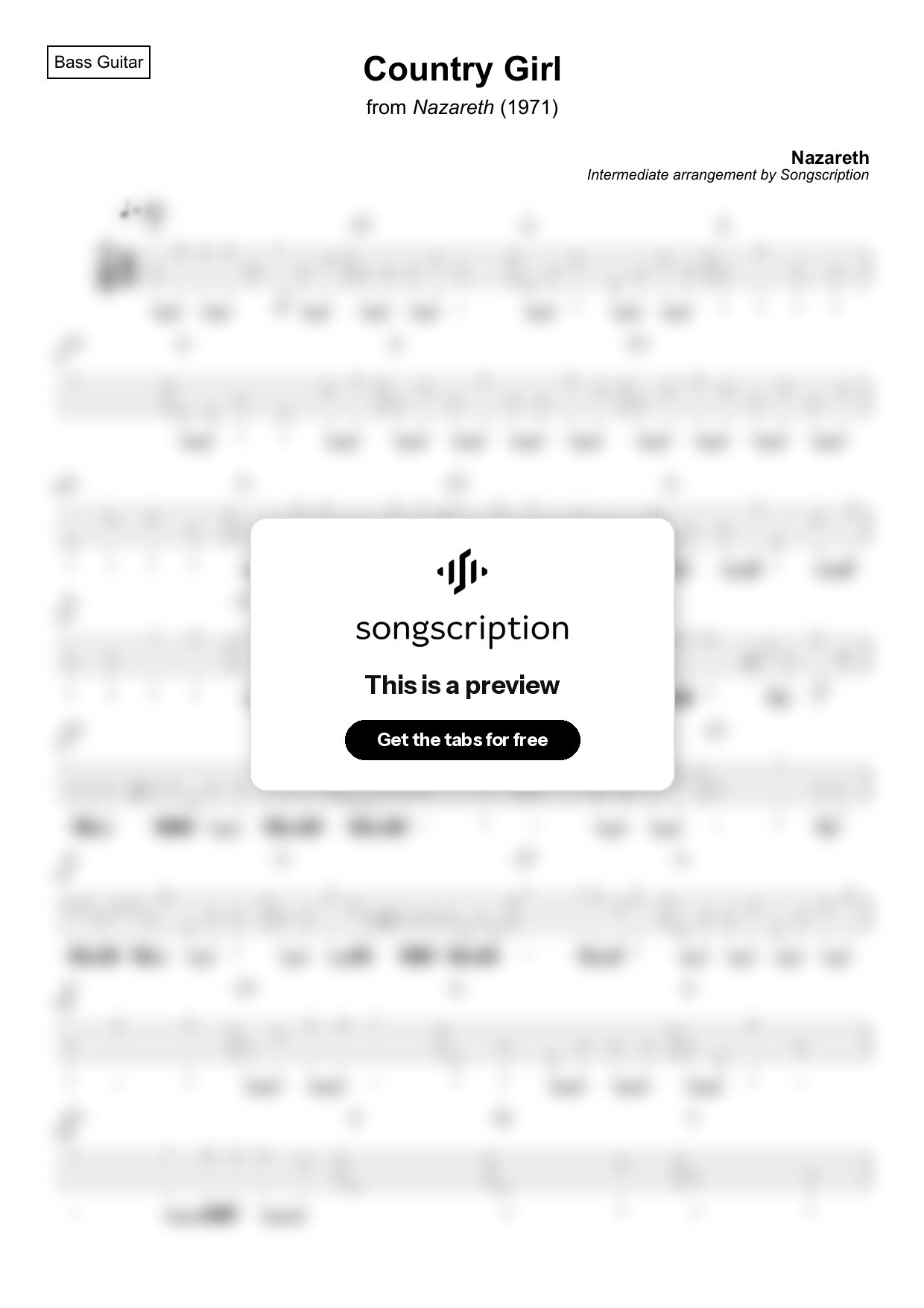 Intermediate Bass Guitar Tabs for "Country Girl" by Nazareth