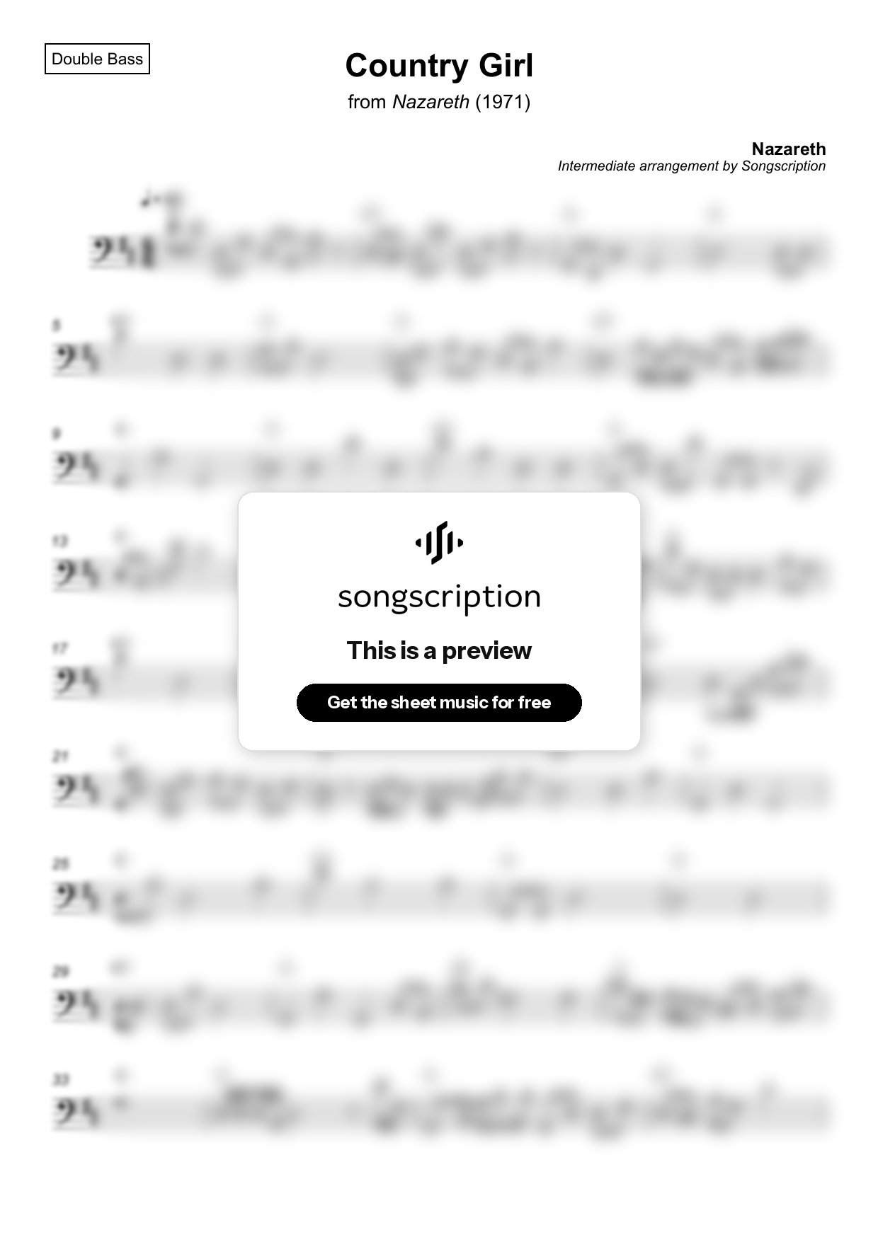 Intermediate Double Bass Sheet Music for "Country Girl" by Nazareth