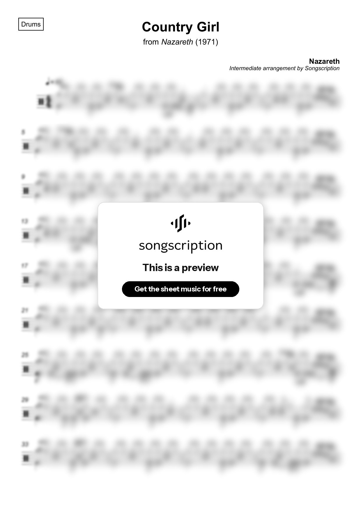 Intermediate Drums Sheet Music for "Country Girl" by Nazareth