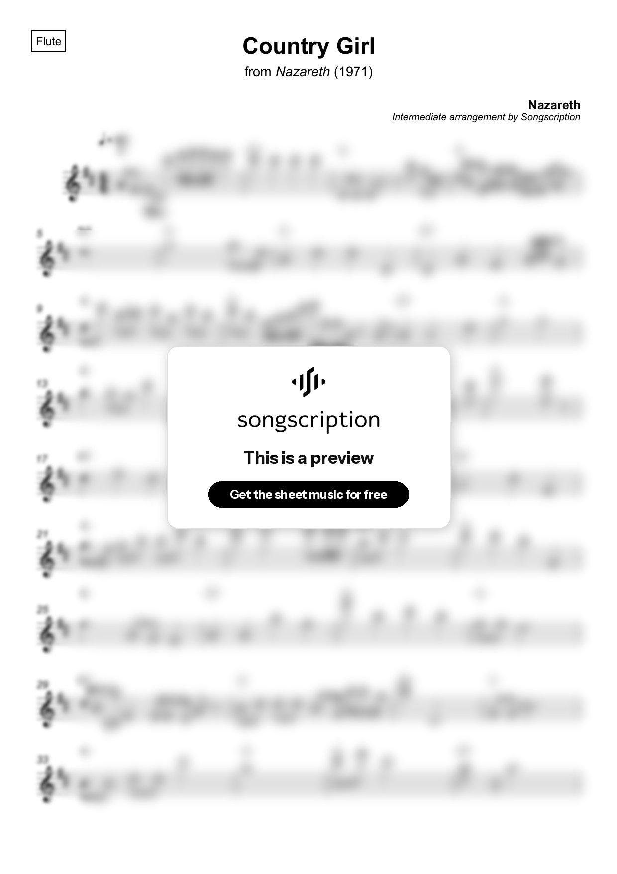 Intermediate Flute Sheet Music for "Country Girl" by Nazareth