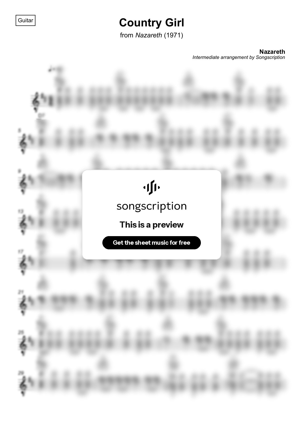 Intermediate Acoustic Guitar Sheet Music for "Country Girl" by Nazareth
