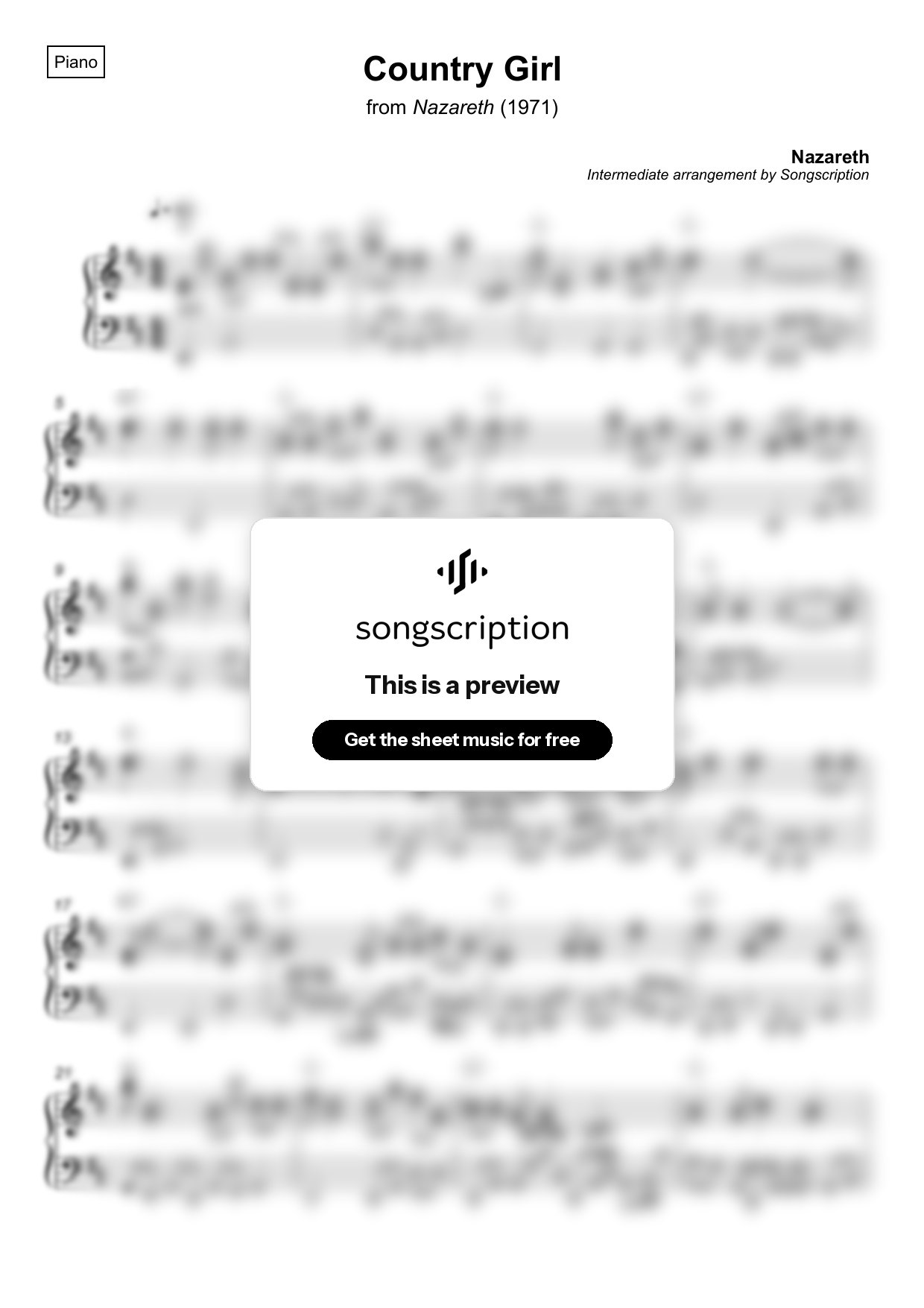 Intermediate Piano Sheet Music for "Country Girl" by Nazareth