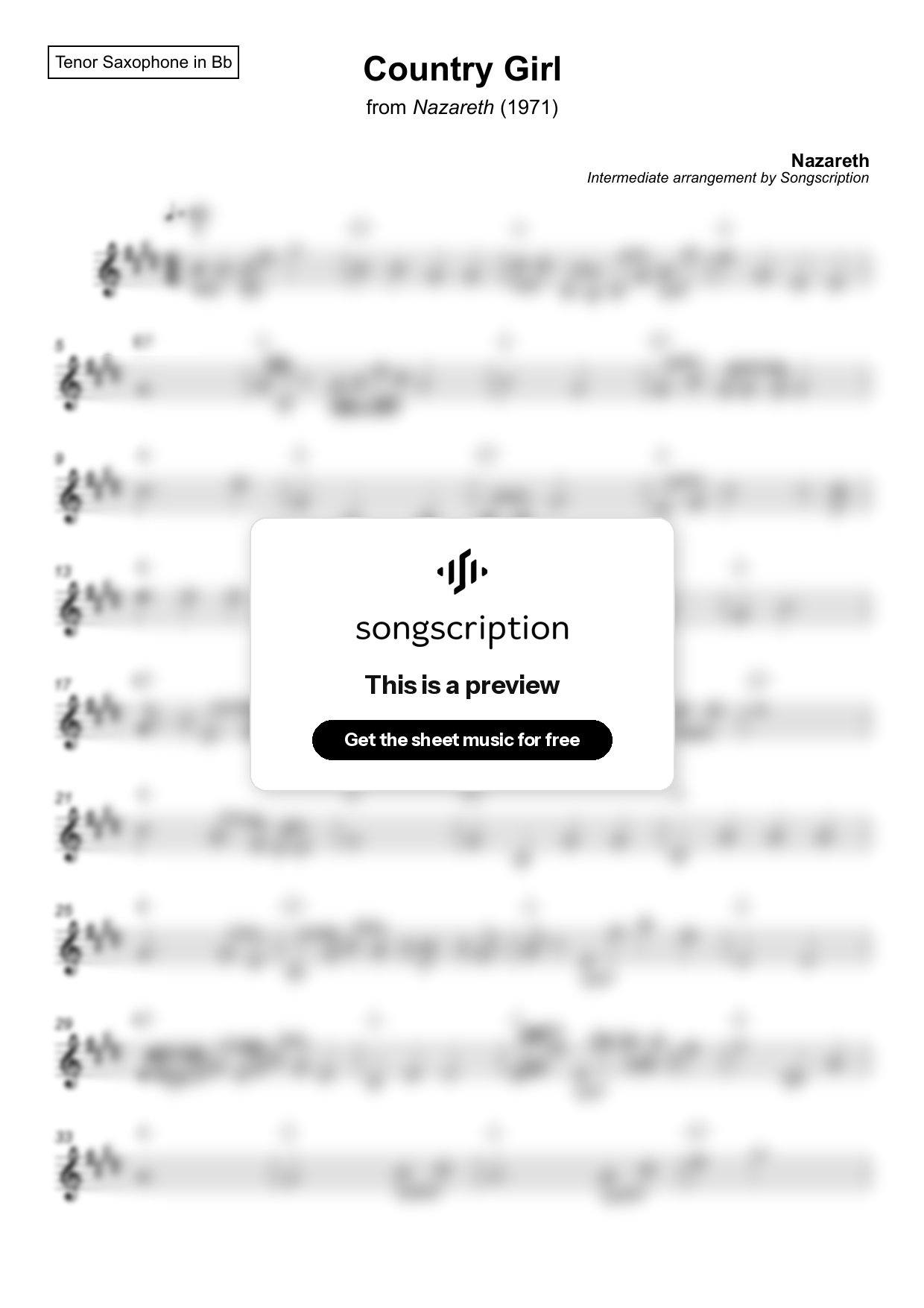 Intermediate Tenor Sax Sheet Music for "Country Girl" by Nazareth