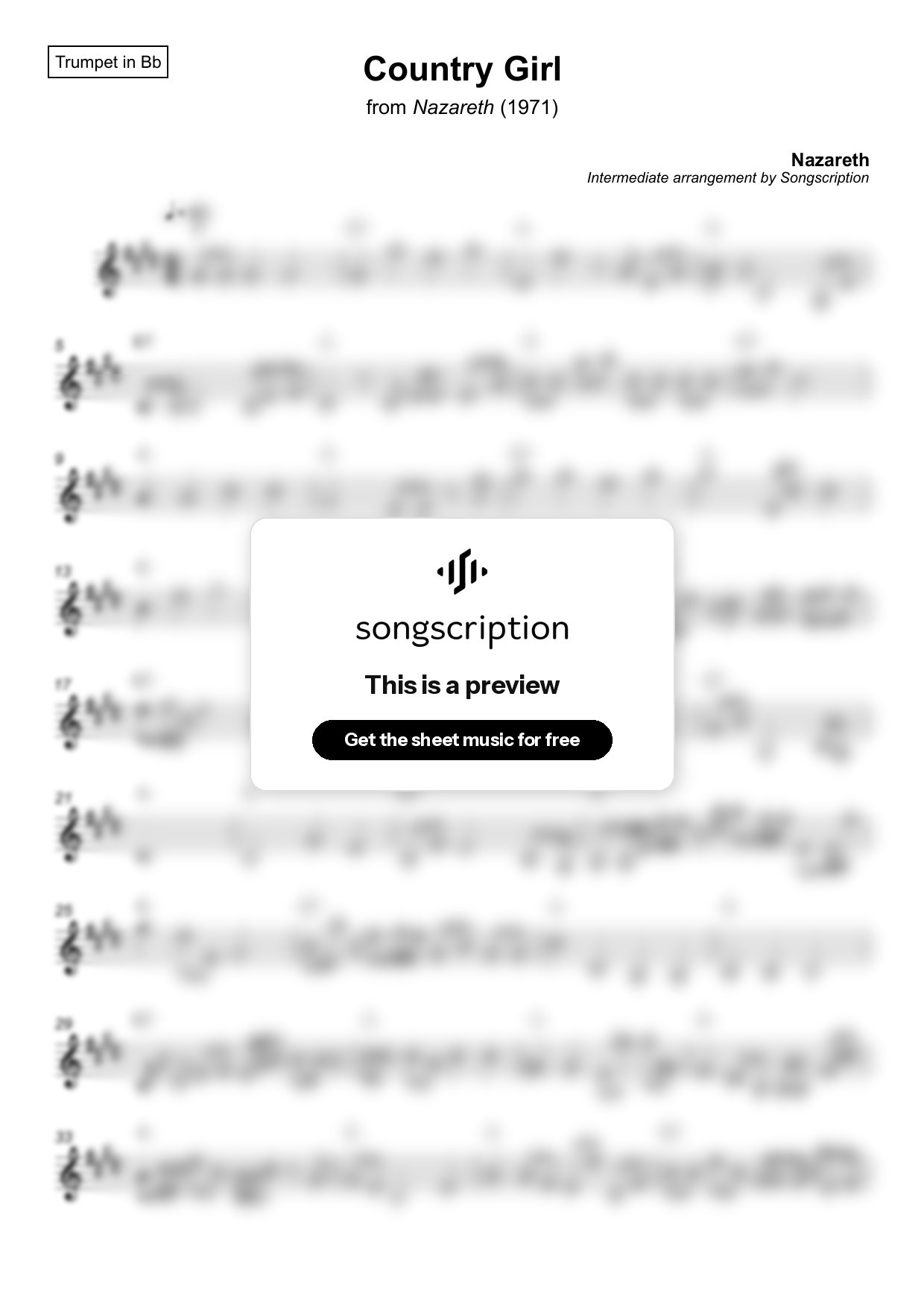 Intermediate Trumpet Sheet Music for "Country Girl" by Nazareth