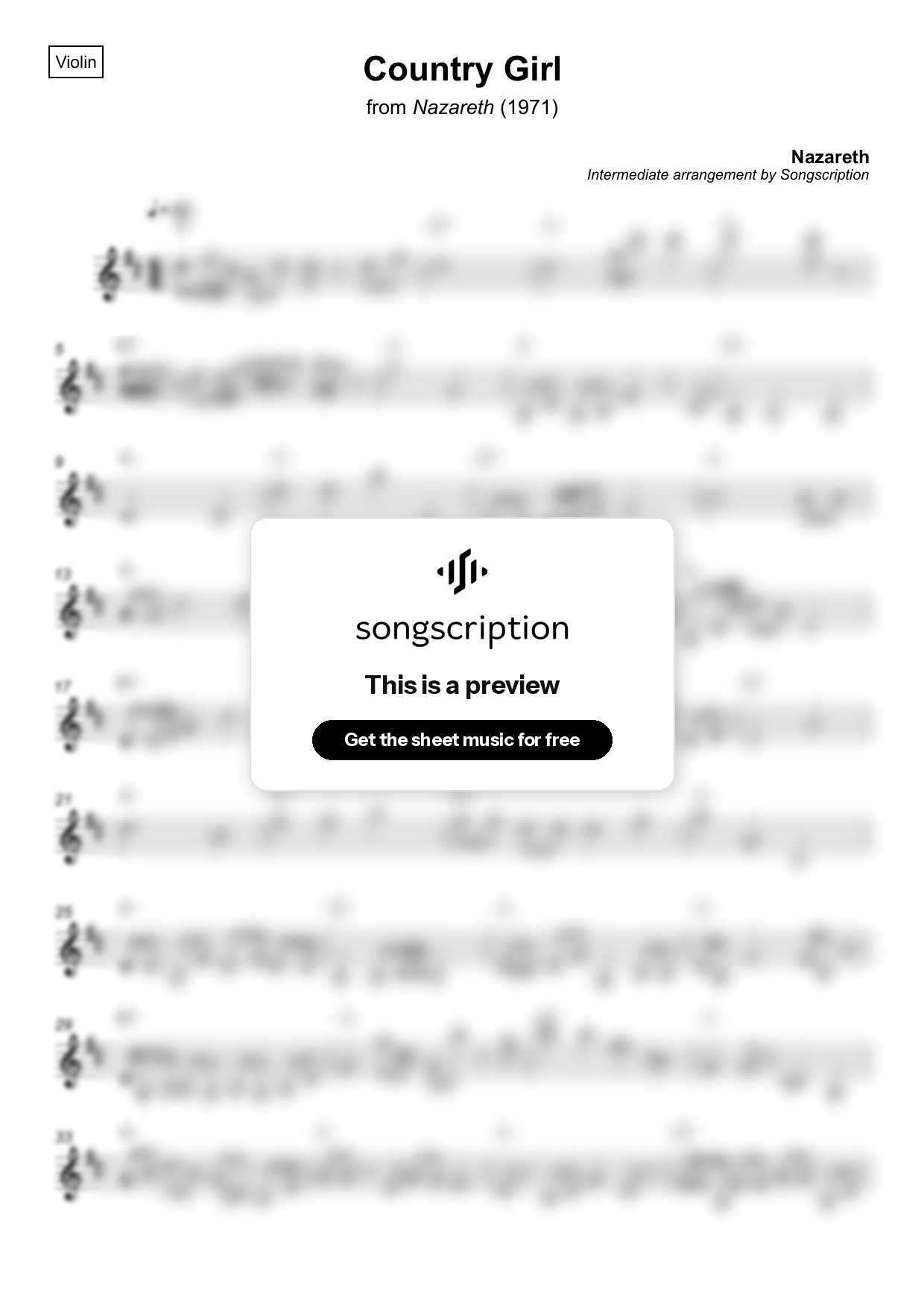 Intermediate Violin Sheet Music for "Country Girl" by Nazareth