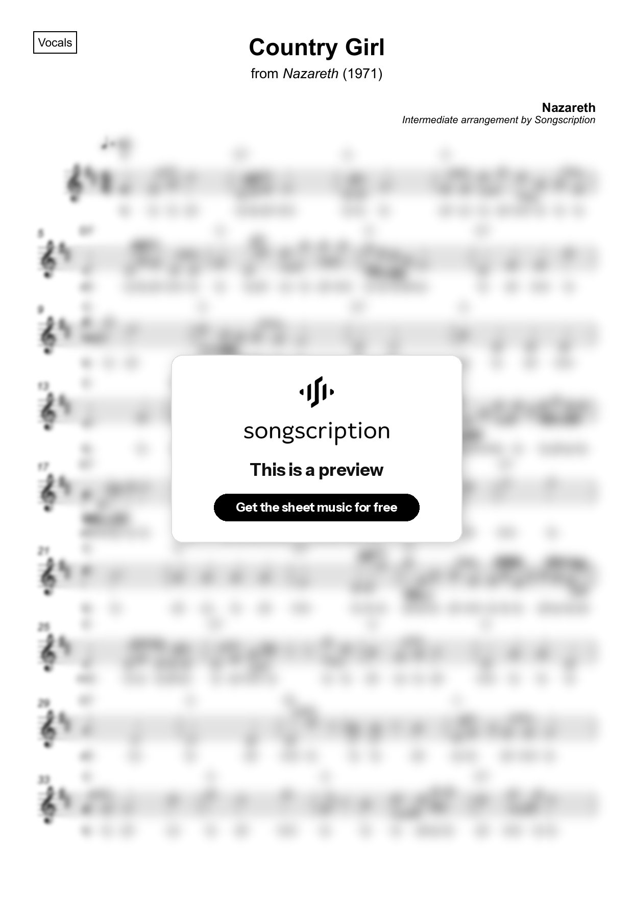 Intermediate Vocals Sheet Music for "Country Girl" by Nazareth