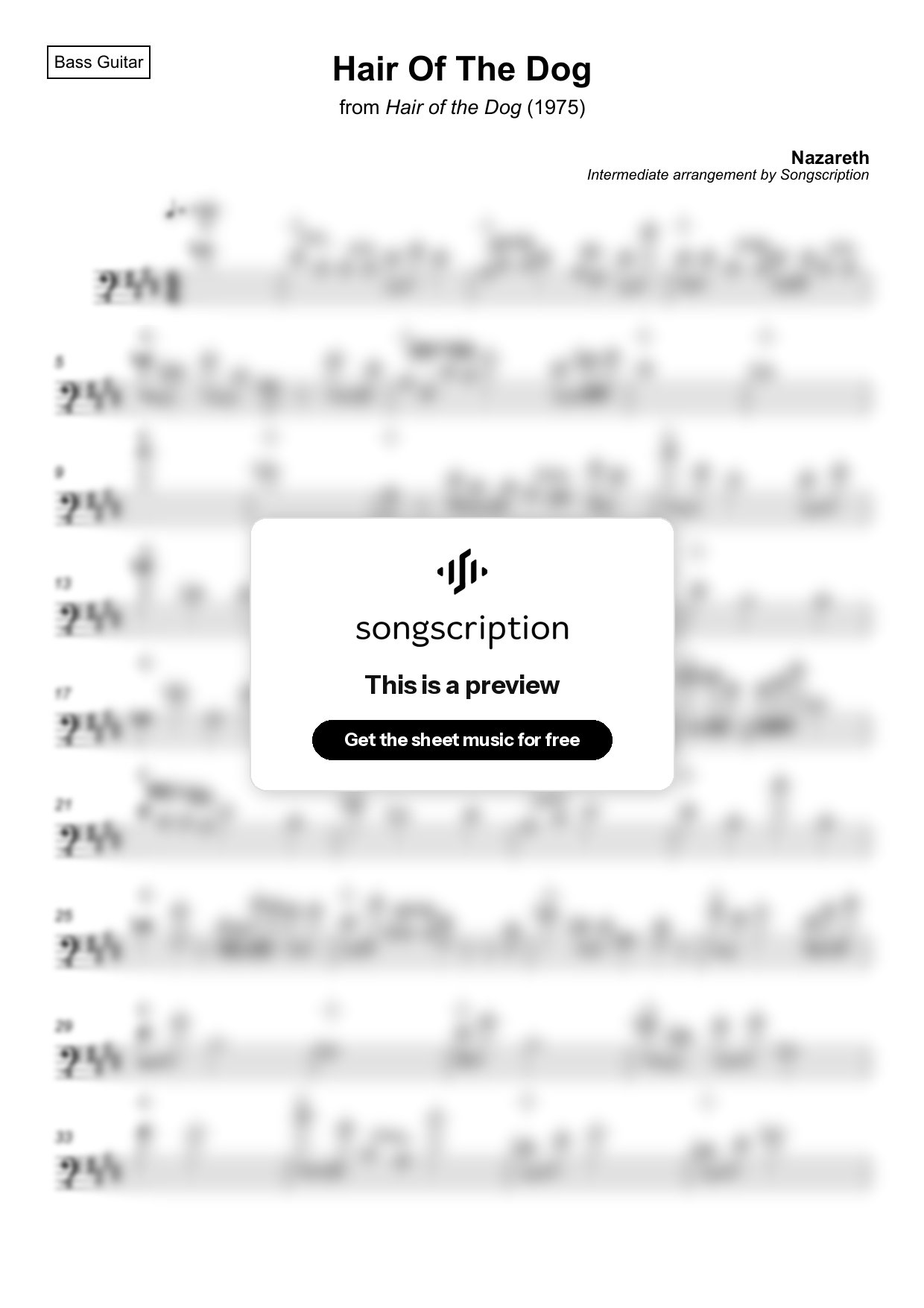 Intermediate Bass Guitar Sheet Music for "Hair Of The Dog" by Nazareth